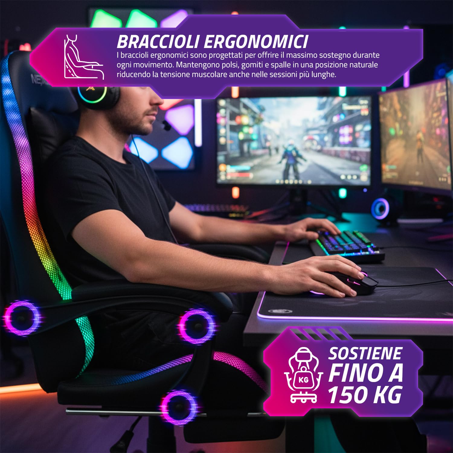 Wintem – – Sedia Gaming con Poggiapiedi Estraibile, Doppio Cuscino e Luci LED RGB USB per Comfort Totale e Design Futuristico Ideale per Gioco, Studio e Ufficio