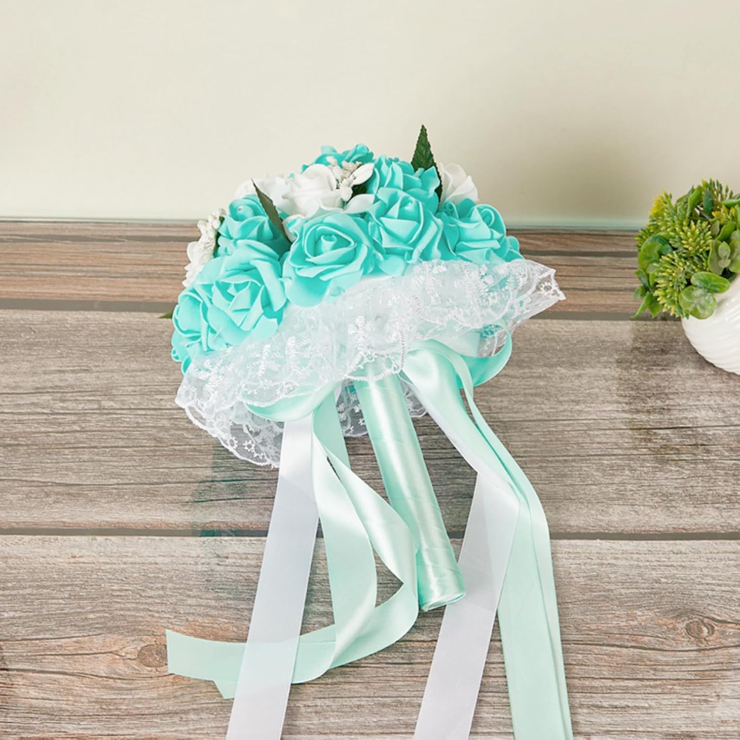 Wedding Bouquets for Bride Bridesmaid, Crystal Rose Pearl Artificial Silk Flower Bridal Brooch Bouquet, Flowers Diamond Satin Bouquets for Engagement Valentine's Day Decor (Turquoise)
