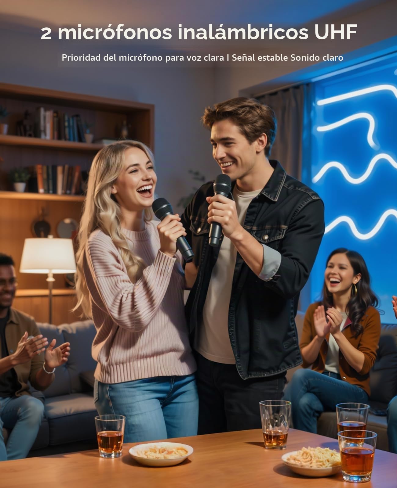 GKD61 Máquina Karaoke Adultos 2 Micrófonos UHF Inalámbricos, Sistema de 400W Pico, Subwoofers Duales de 6,5", Altavoz Bluetooth Portátil para Fiestas, Mando, Control de Graves y Agudos para Exterior