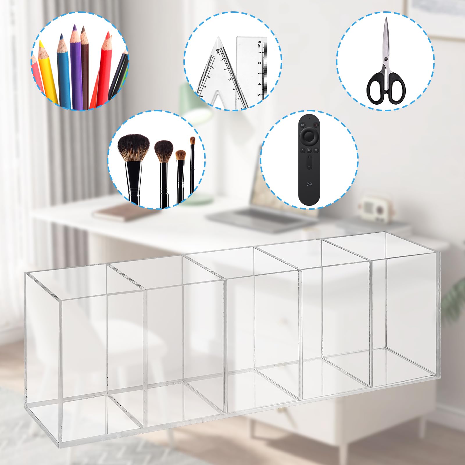 Top-spring Acrylic Pen Pencil Holder, 5 Compartments Clear Desk Organiser for Pens Pencils, Makeup Brushes - Image 3