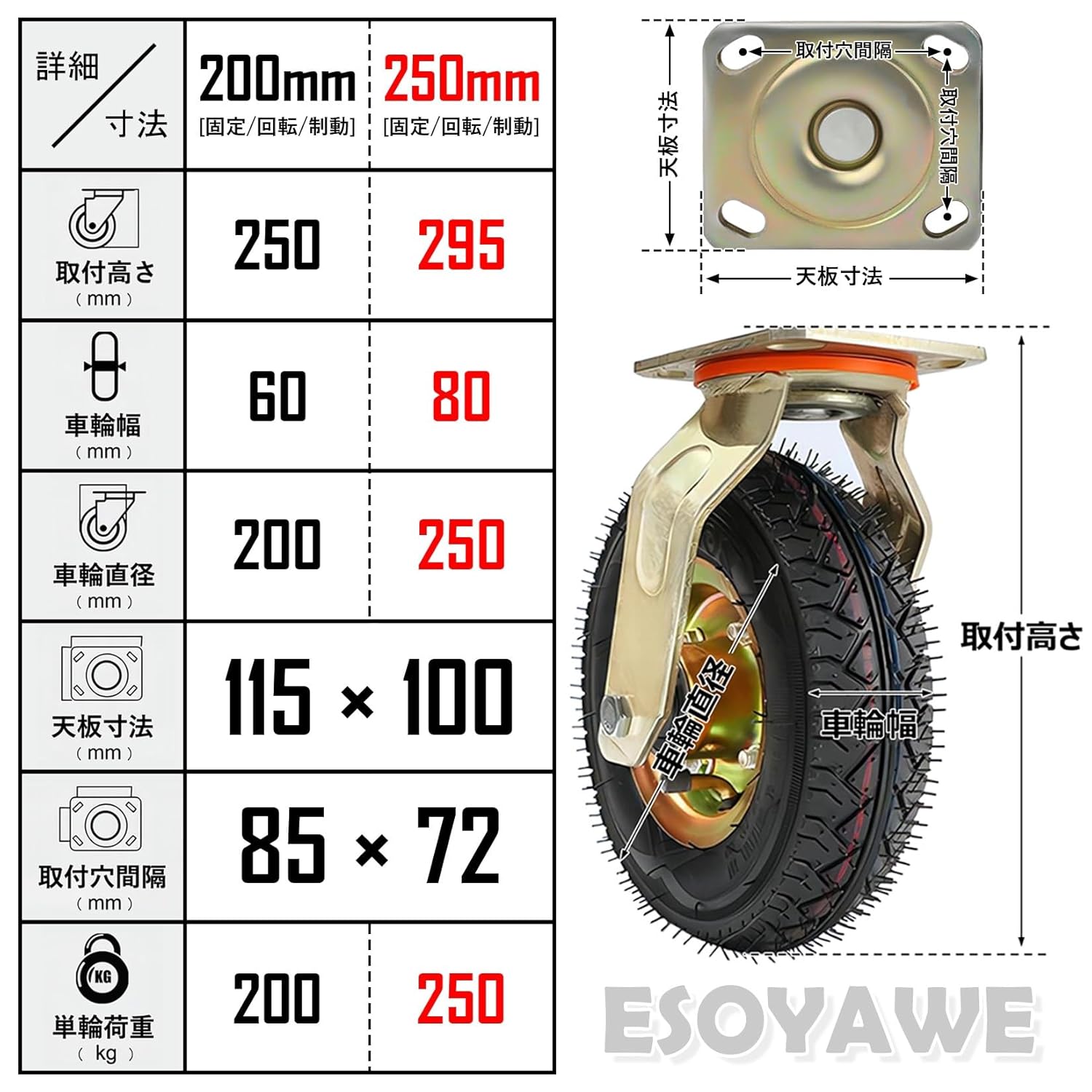 産業用 トロリー 取替えキャスター 200mm 250mm 空気入りゴム車輪 2個セット、重荷重用型 ブレーキ付き ユニバーサル ホ