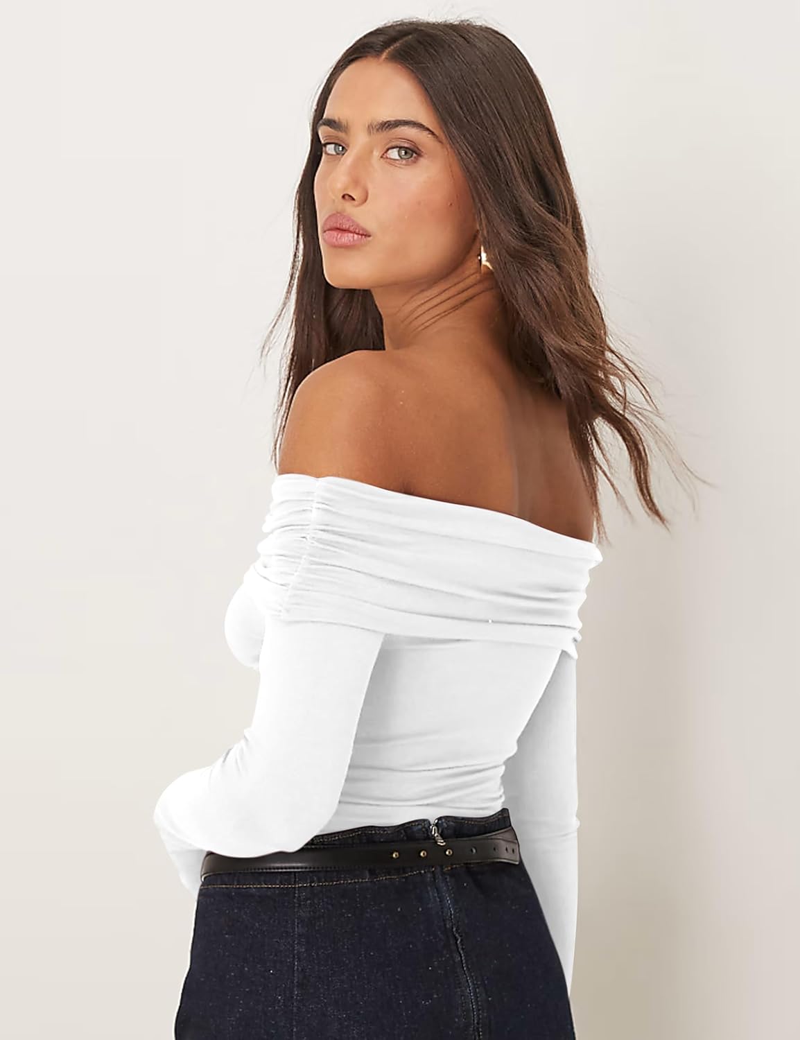 Women's Sexy Off Shoulder Tops Casual Long Sleeve Slim Fitted Trendy Y2k Going Out Shirts - Image 2