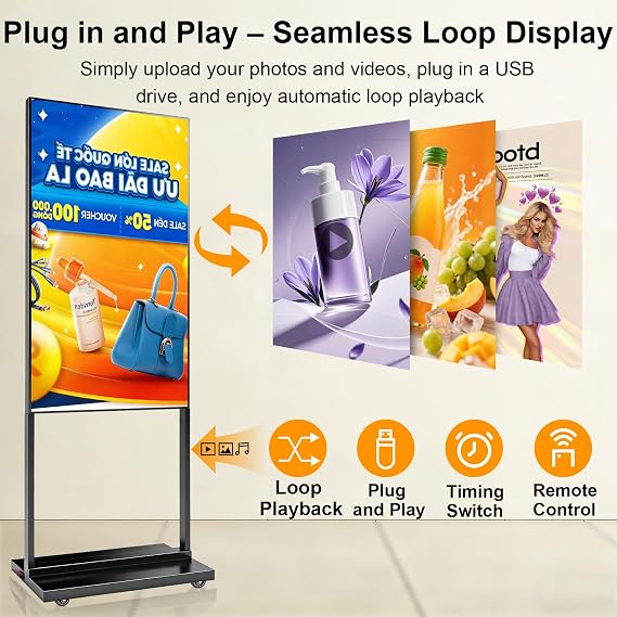 55 4K Inch Floor Standing Digital Signage, 1000nits High Brightness Advertising Display, Digital Signage with CMS/U-Disk Plug&Play, Split Screen, 7/24 Timer Switch,HDMI/USB/WiFi/Android OS