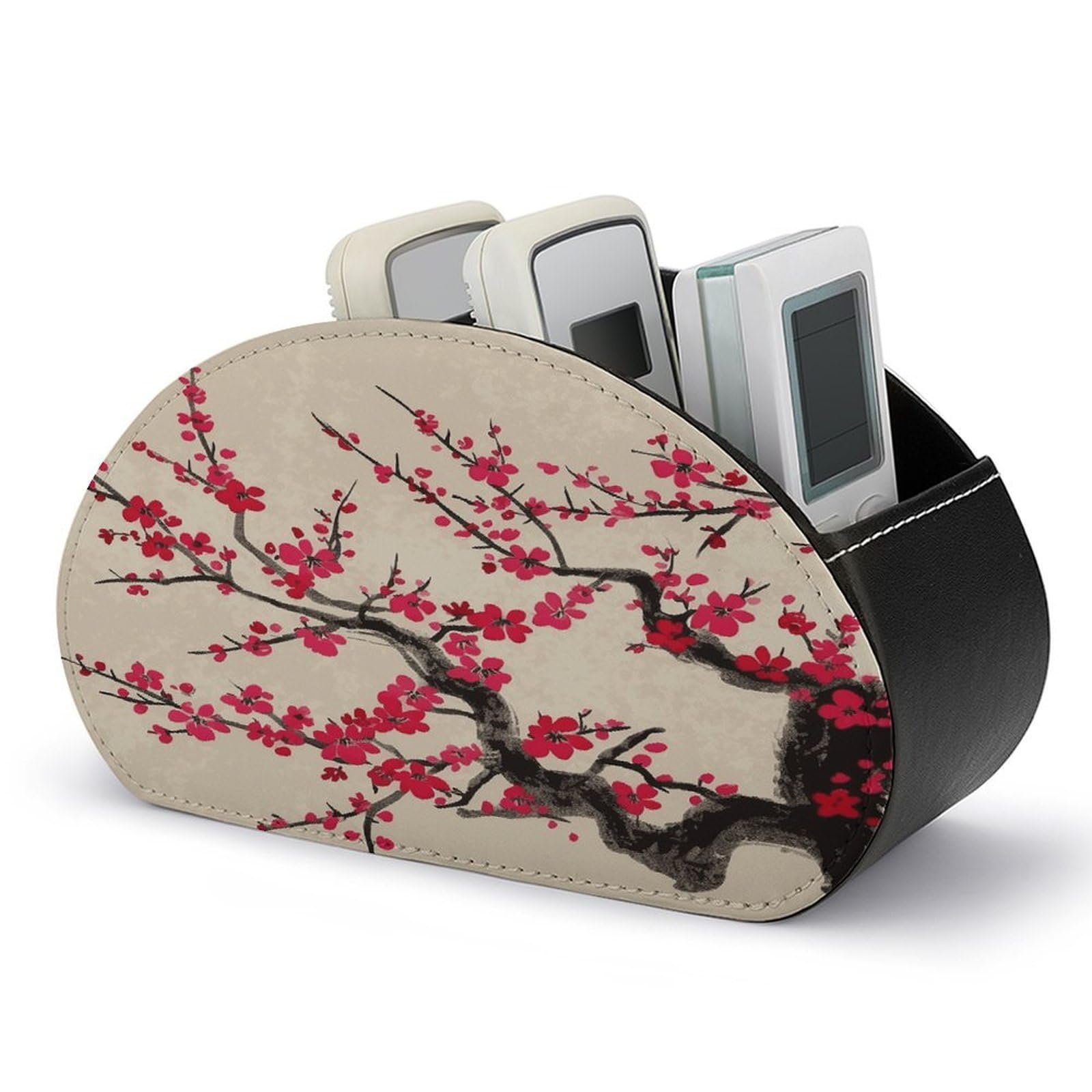 VstaDank Japanese Floral Cherry Blossom Remote Control Holder with 5 Compartments PU Leather TV Remoter Caddy Desktop Organizer TV Remote Holder Remote Box for Media Controllers Office Supplies