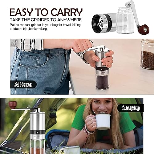Miniatura 6 de PISAME Molinillo de café manual con 6 ajustes de grosor ajustables, molinillo de café portátil de mano con rebabas de cerámica, carcasa de acero