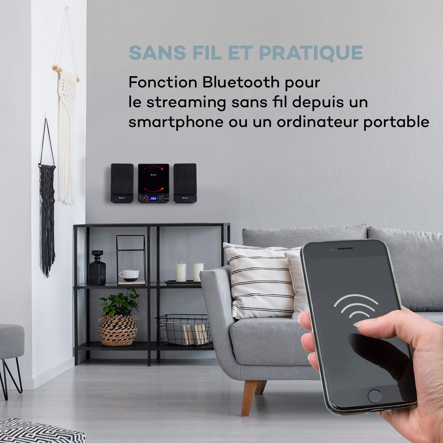 AUNA Microstar - Micro-chaîne Verticale, Lecteur CD, Bluetooth, Enceintes stéréo, Port USB, Tuner FM, AUX-in, écran LCD, éclairage d'ambiance, Installation Murale ou Pose Libre - Noir
