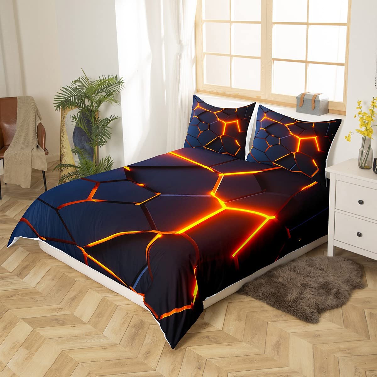 Honeycomb Bedding Set Red Black Fire Hexagonal Comforter Cover for Kids Boys Girls Beehive Geometrical Duvet Cover Breathable Simplistic Single Boys - Image 3