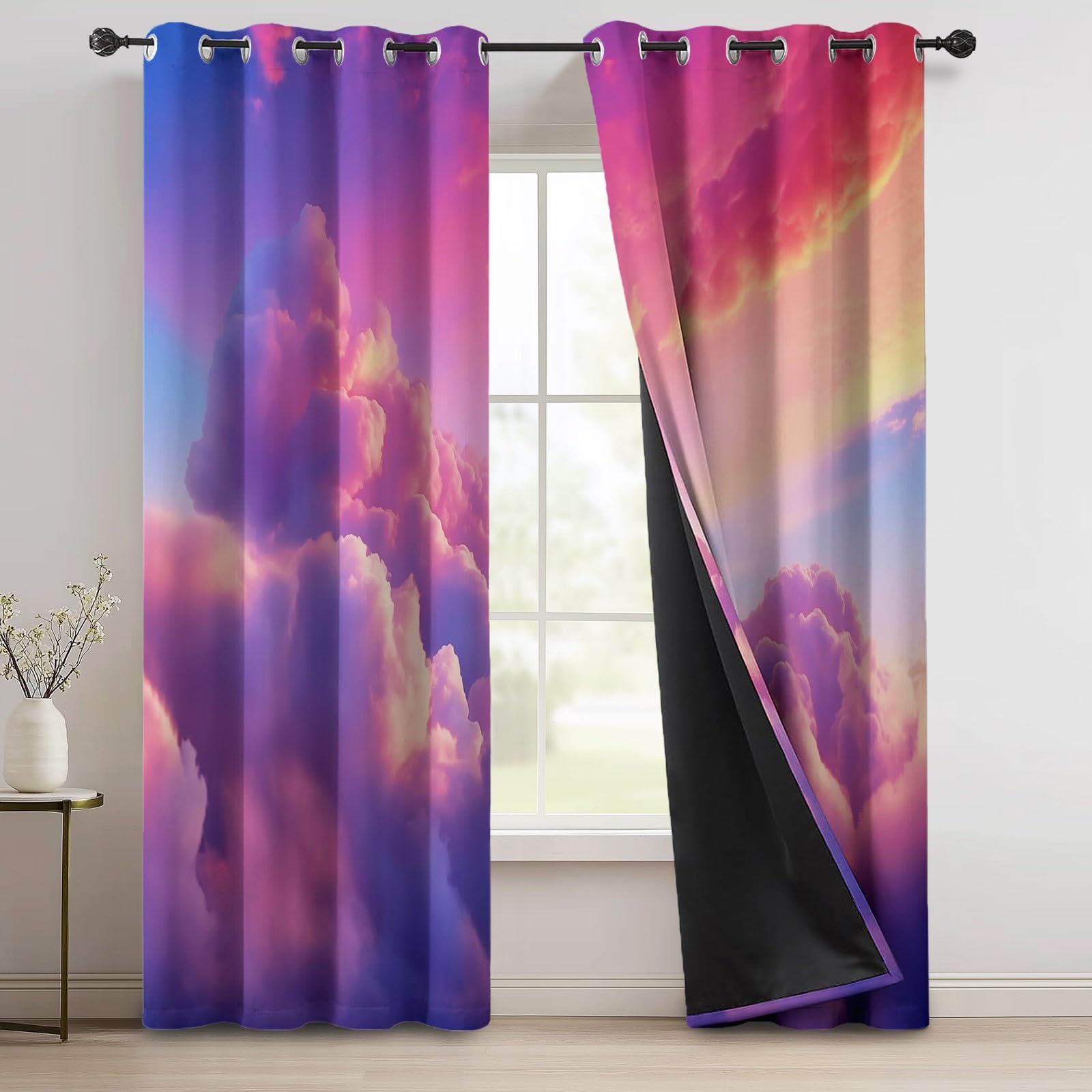 Rideaux Longs 140L X 260H cm (2 Panneaux), Nuages De Rêve Imprimé, Tissu Occultant Épais pour Grand Salon et Loft, Rose Violet
