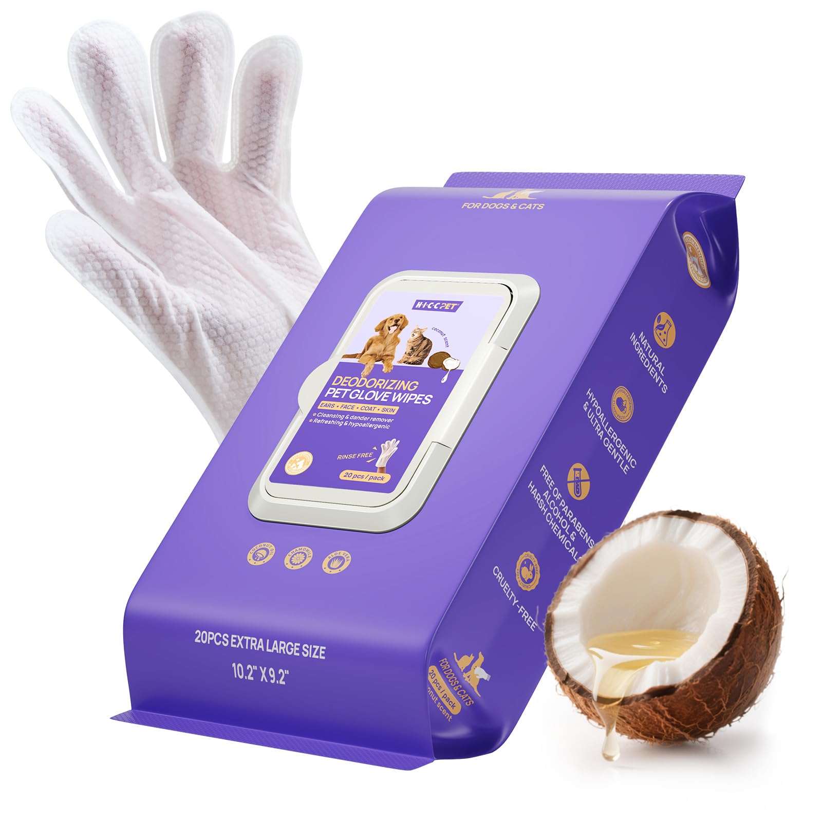 HICC PET Gants de Nettoyage pour Chiens et Chats, 20 Lingettes Humides Double Face pour Le Toilettage et Les Pattes, sans Rinçage, Formule à l'huile de Coco pour Peau Sensible, Parfum Coco
