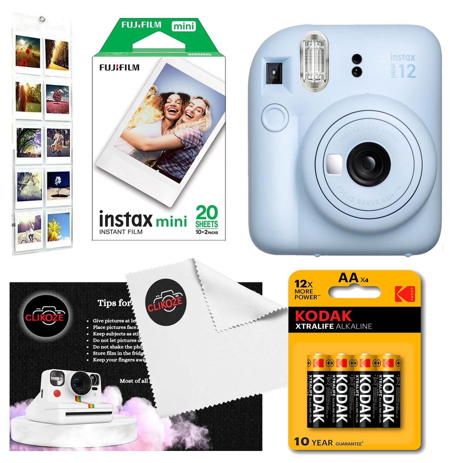 Instant Camera Bundle with Fujifilm Mini 12 Camera, Fujifilm 20 Shot Mini Film, 4 x AA Batteries, Wall Album, Clikoze Lens Cloth and Instant Photography Tips Card (Pink) — view 9