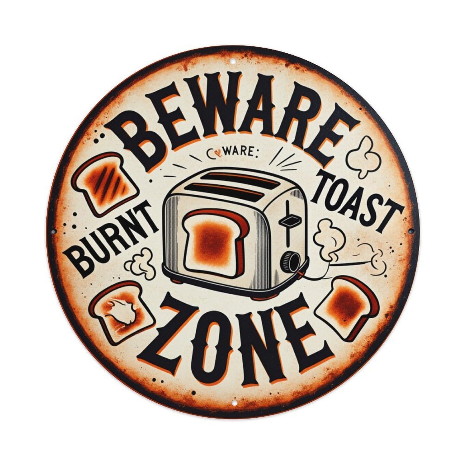 Beware Toast Zone Burnt Toast Round Tin Sign Retro Metal Sign for Cafe Bar Pub Home Game Room Gym Club Wall Decoration Vintage Metal Poster 8x8 Inch