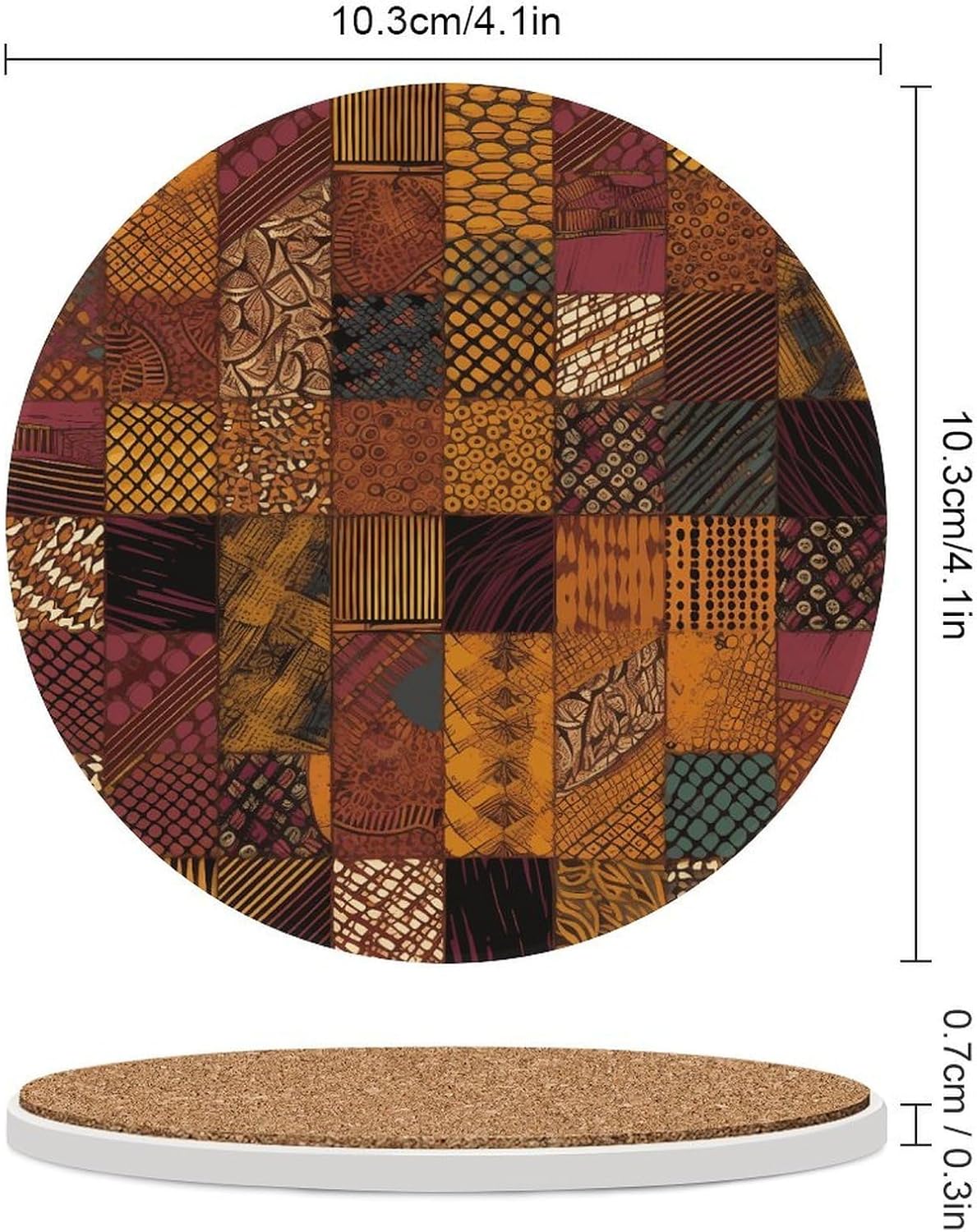 6PCS African Style Patchwork Coasters Non-Slip Round Drink Coasters with Ceramic Stone and Cork Base, Heat Resistant Absorbent 33.00Stone Coaster Set for Kinds of Mugs and Cups, 4 Inch