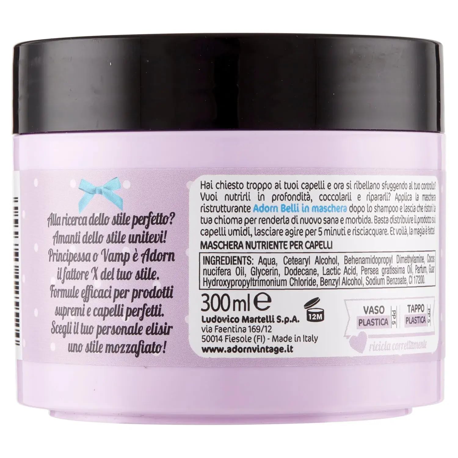 Adorn Maschera Ristrutturante e Riparatrice - Mascarilla capilar - Efecto reestructurador y reparador 300 ml + llavero Beni Culinari gratuito - 12 unidades