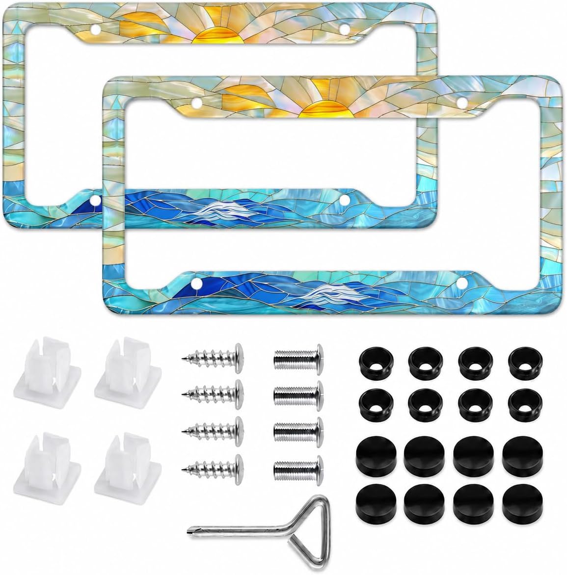 2 Pack Stained Glass Caribbean Blue Sunset License Plate Frames, Aluminum Alloy Ocean License Plate Covers, Beach Wave Decorative Car License Plate Holders for Standard U.S. Plates, Ocean Lover Gift