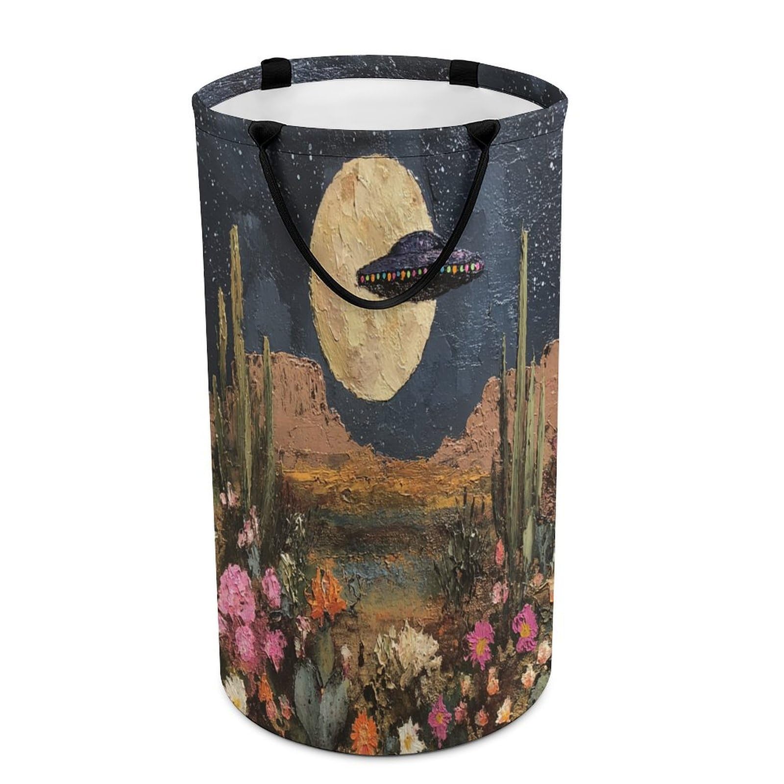 LUYYSKY Rustic Realistic Western Desert Collapsible Dirty Clothes Basket, Classic Natural Full Moon Landscape Plant Cactus Flowers UFO Portable Clothes Storage Laundry Basket-40 CM Dia, 69 CM High