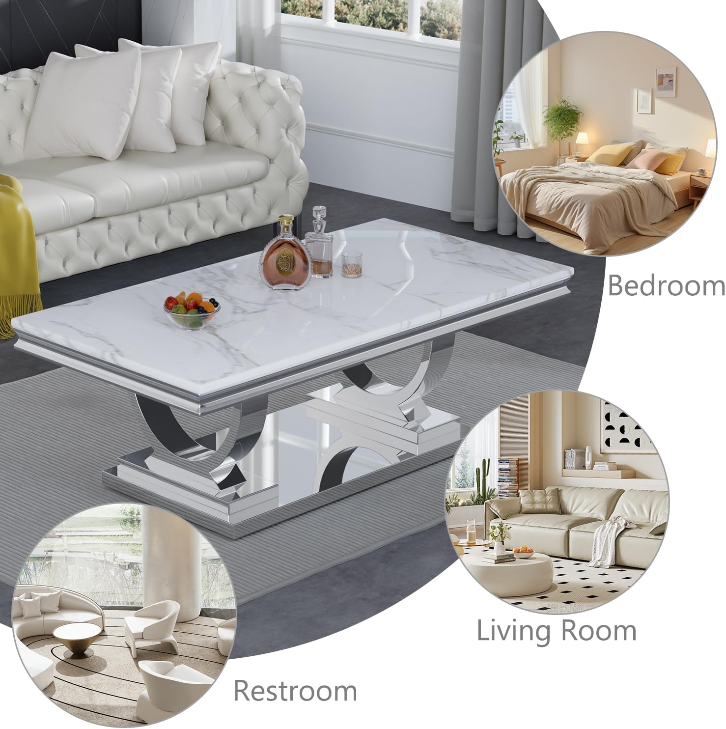 HomVent Coffee Tables with Marble Grain Top,Faux Marble Coffee Table with Gold/Chrome Legs,Imitation Marble Grain Central Tabl/Cocktail Table/Tea Table for Living Room Office