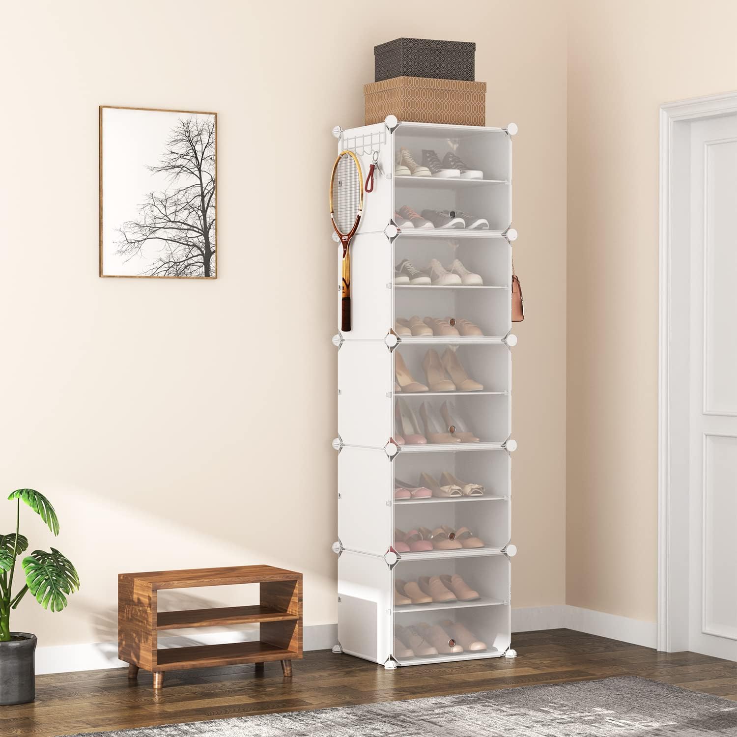 ROJASOP Shoe Organizer, 10-Tier Portable Shoe Rack Organizer with 2 Hooks 20 Pairs Shoes Storage Cabinet with Doors Plastic Shoe Closet for Entryway Bedroom Hallway (Clear, 1 by 10)