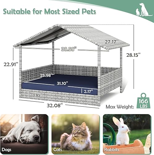 Miniatura 4 de Casa de mimbre para perros al aire libre, cama impermeable de polietileno de alta densidad para perros con toldo, cuna elevada para mascotas, sofá