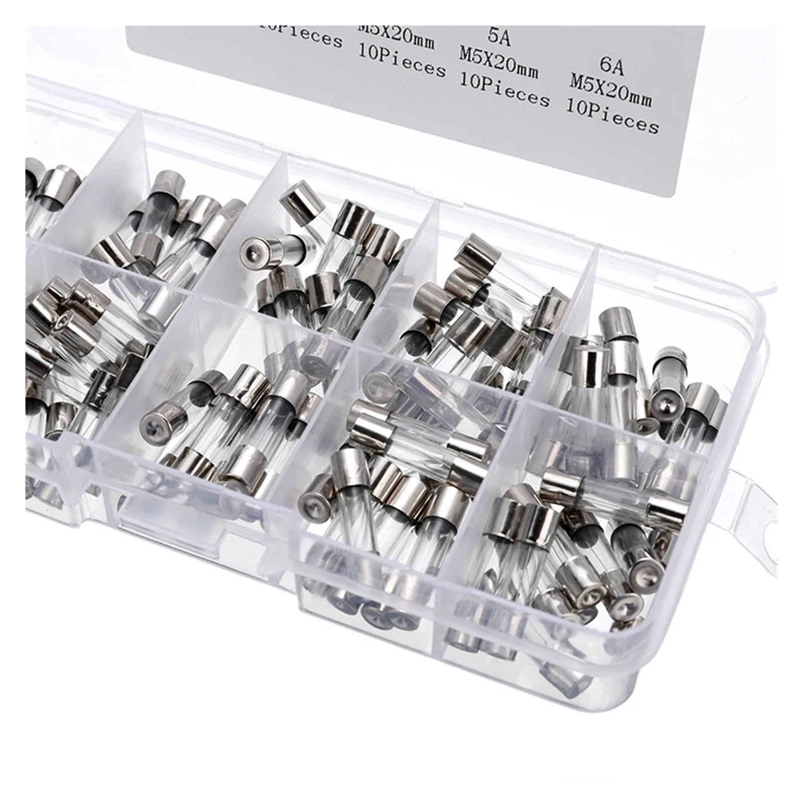 Kit assortito di fusibili a tubo vetro da 100 pezzi, ampere 0,2 A-20 A, a fusione rapida, 250 V, confezione con scatola immagazzinaggio