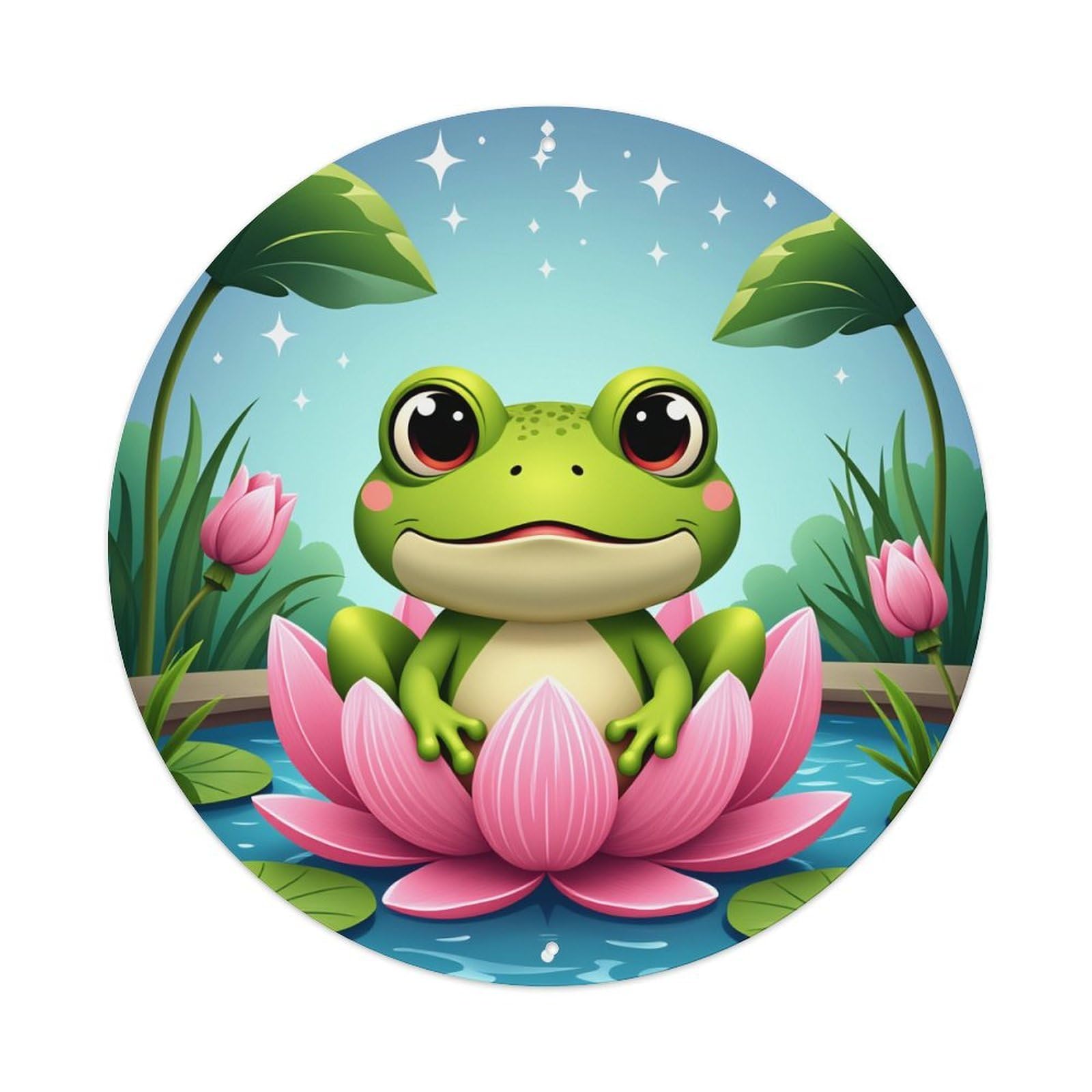 Frog Lotus Pond Stars Night Round Tin Sign Vintage Metal Poster, Home Bar Garage Man Cave Cafe Indoor & Outdoor Wall Decoration 8x8Inches