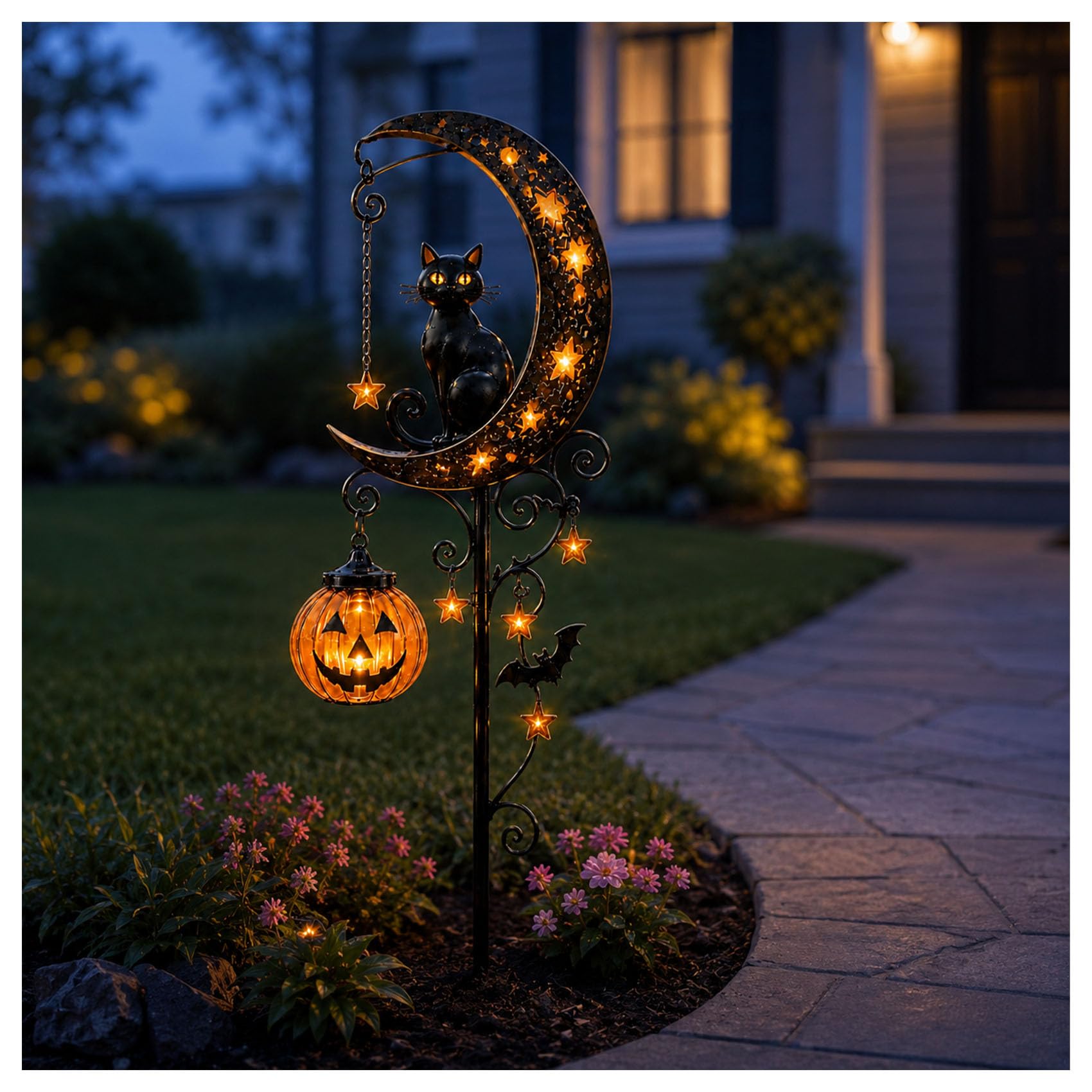 Jeeeun Solar Halloween Black Cat & Pumpkin Moon Garden Stake Light, Waterproof Iron Outdoor Decor for Yard, Lawn, Walkway, Patio and Porch (#C)