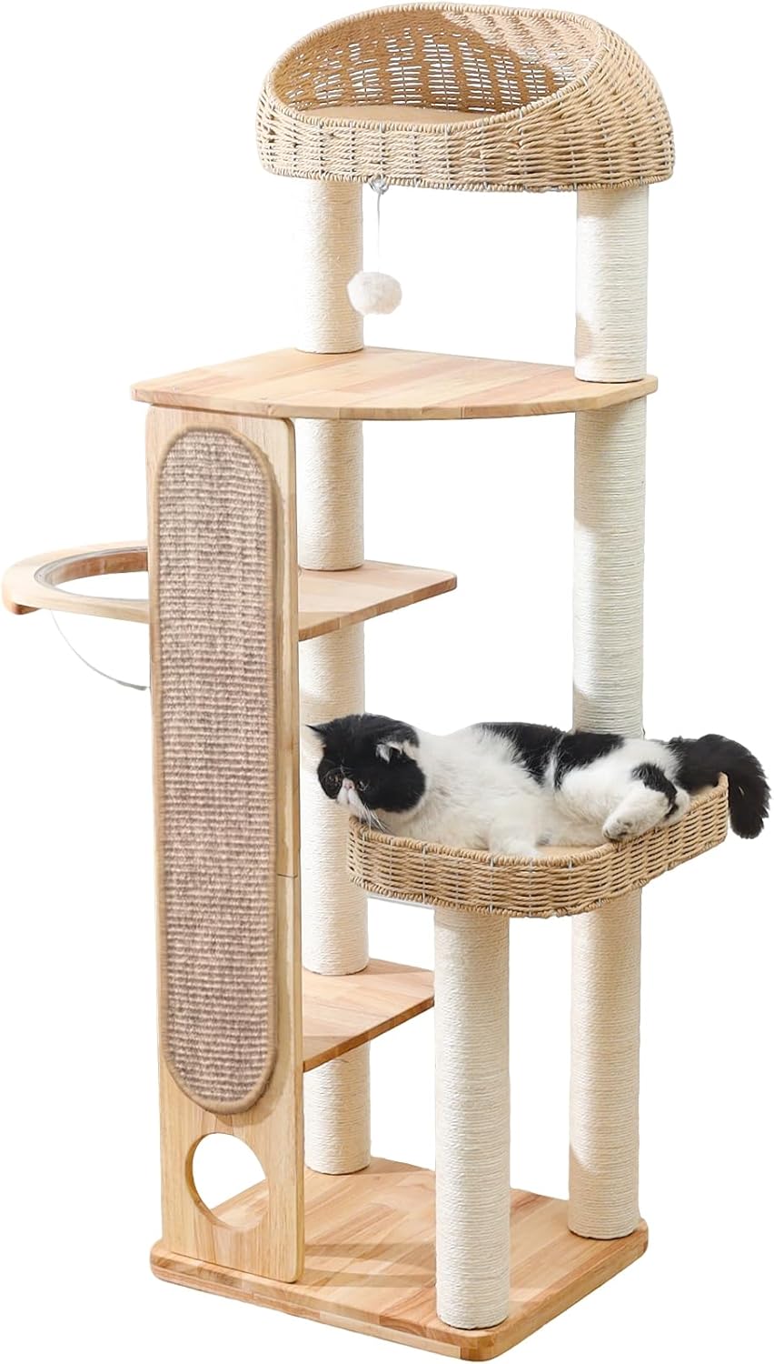 Cat Tree，Cat Tower with Scratching Post,Extra Long Sisal Blanket, Handwoven Basket & Space Capsule Nest