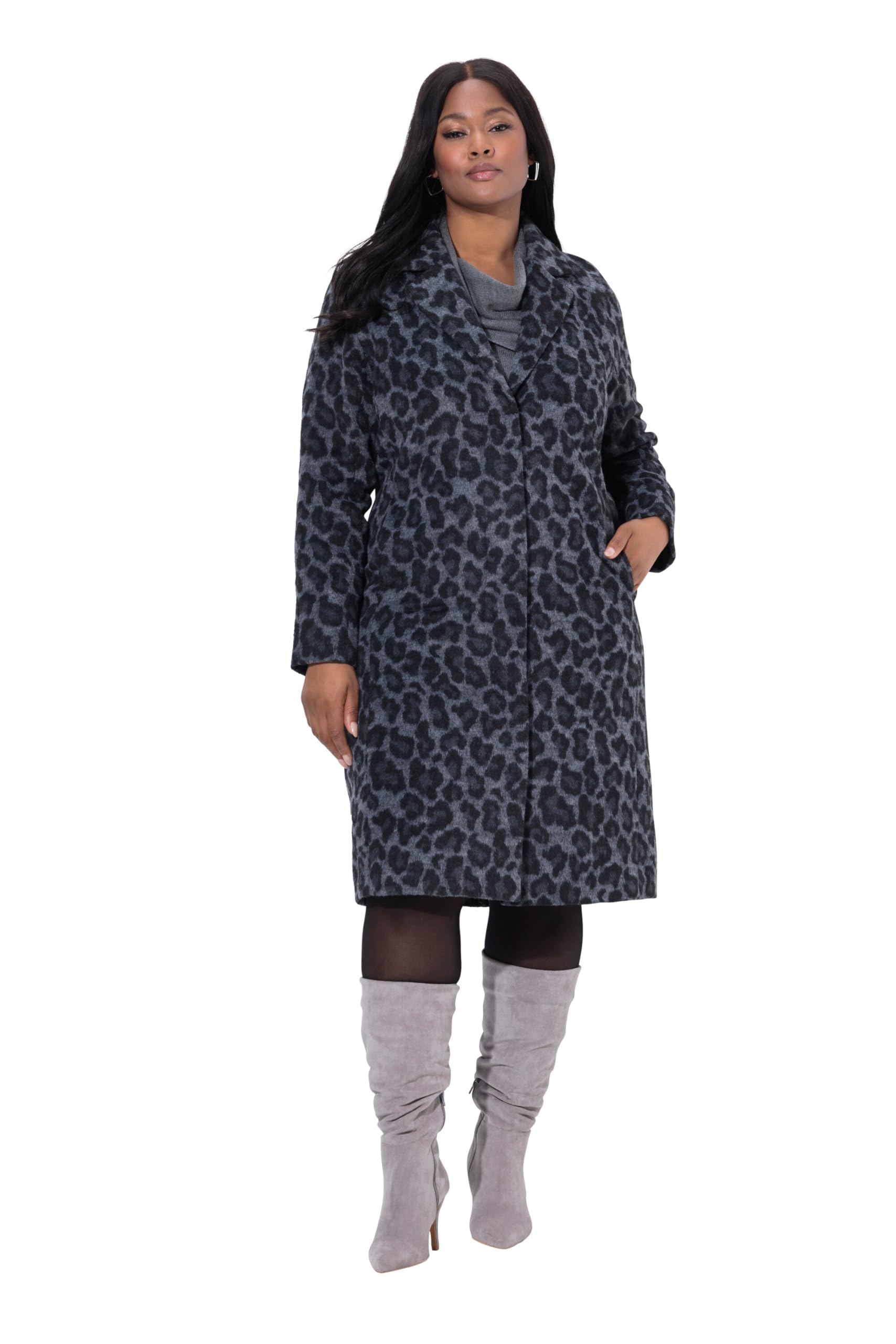 Ulla Popken Damen große Größen Übergrößen Plus Size Mantel, Leomuster, Reverskragen, Raglan-Langarm 842215
