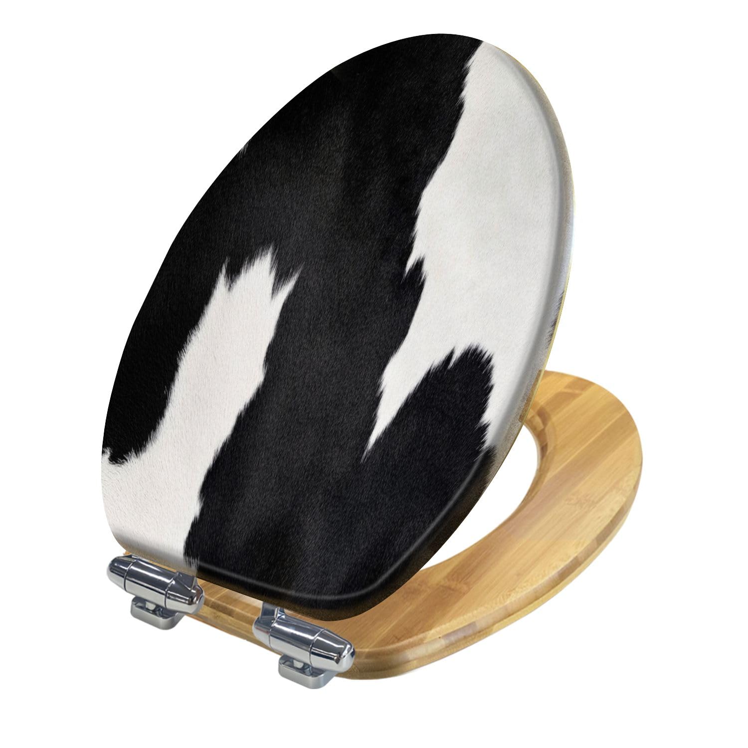 Copriwater decorativo allungato in legno a forma di mucca con cerniere a sgancio rapido, chiusura silenziosa e facile installazione.