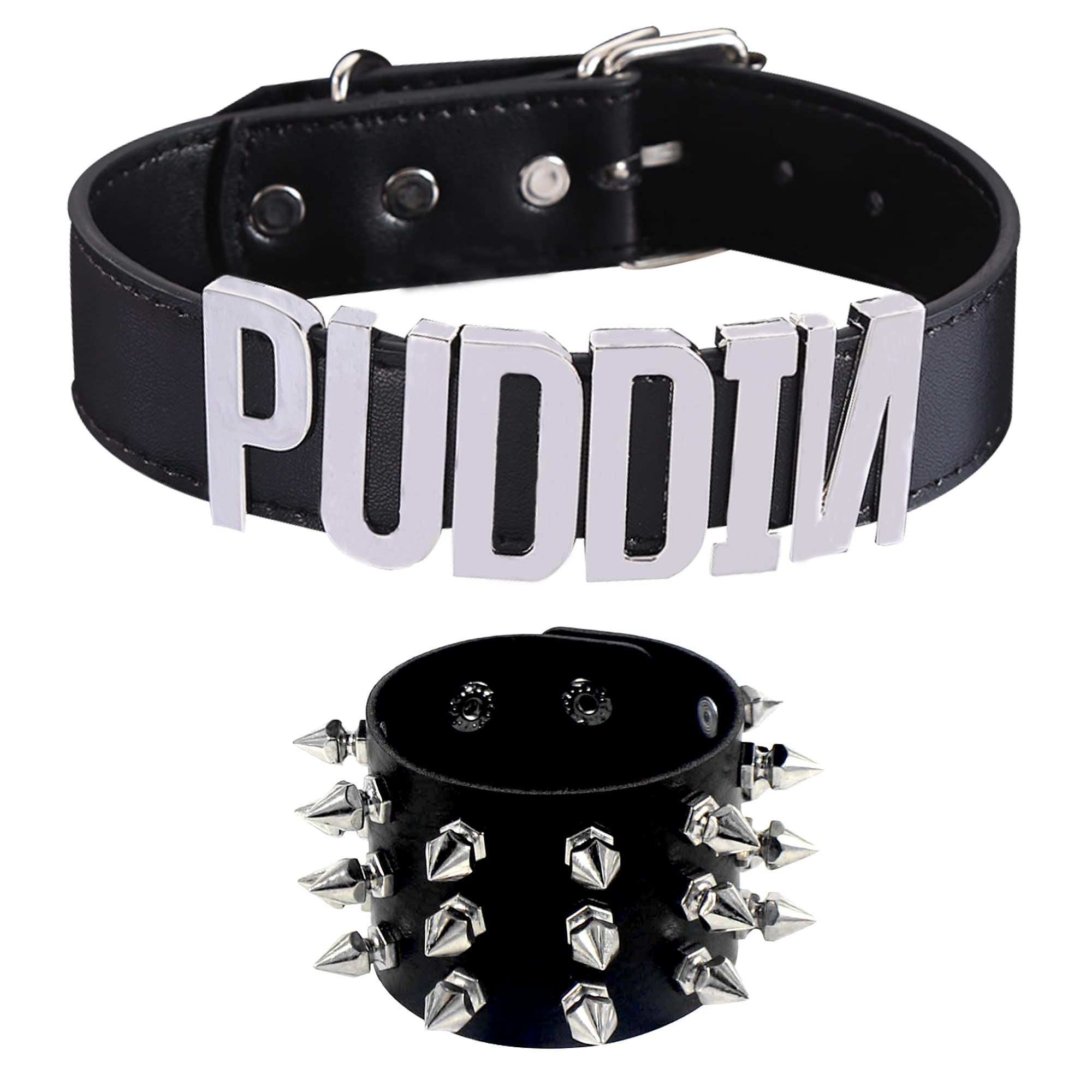 Black Puddin Necklace and Rivets bracelet for Women Leather Choker Necklace Cosplay Sexy Accessories Letter Cosplay Choker