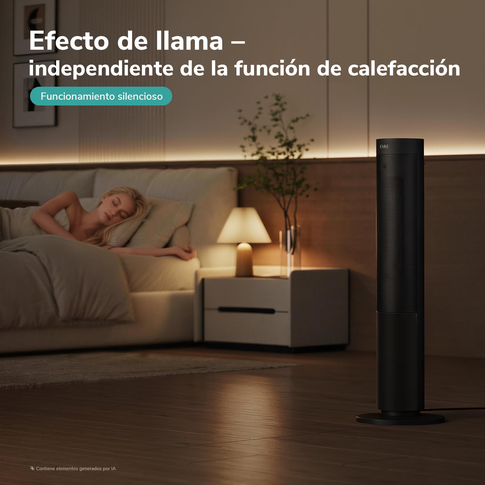 EMKE Estufa de Torre PTC 2000 W con Efecto Llama, 20 m², 83 cm, Negro