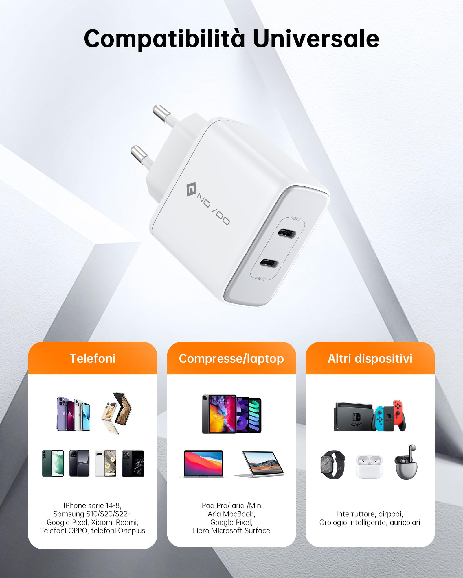NOVOO 35W Caricatore USB C 2 Porte GaN III Caricabatteria Rapido Compatto da Parete per MacBook Air, iPad Pro, Pixel, iPhone 14-8, Galaxy, Samsung S10/S20/S22+