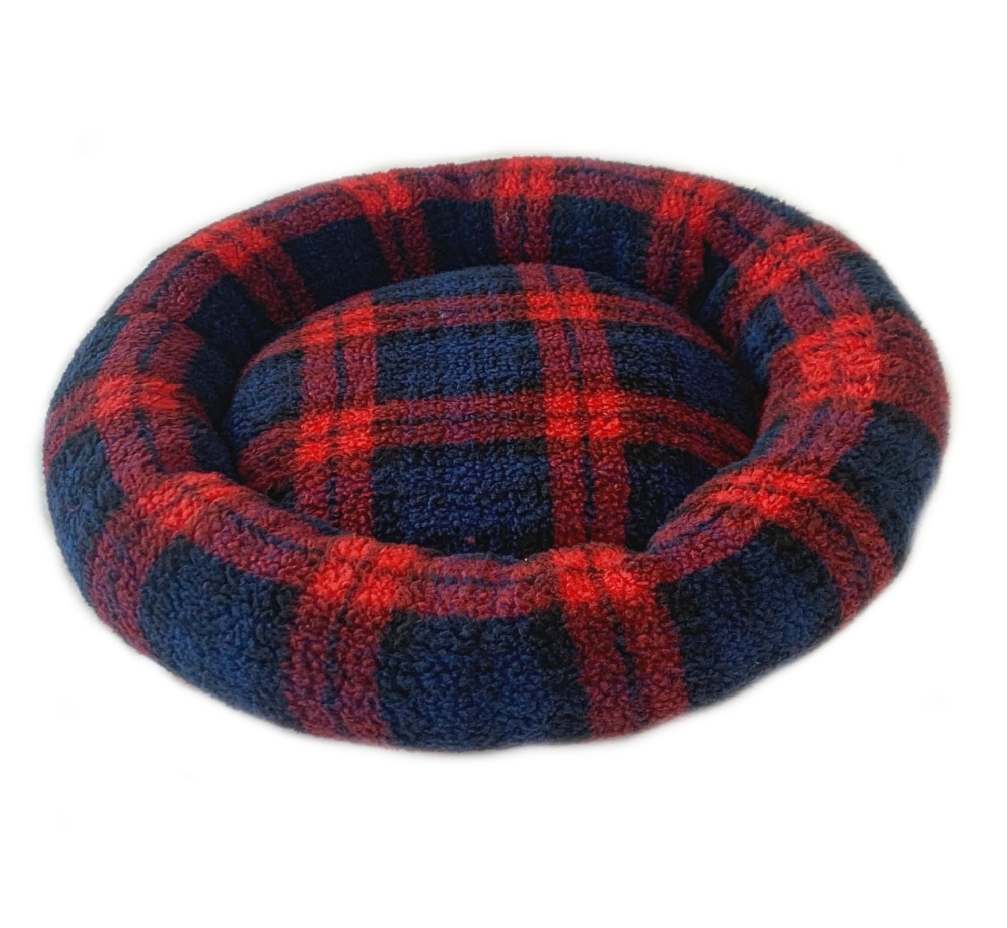 PnH Donut Snuggle Bed - Anti Anxiety Calming Dog Bed - Round Bed, Cosy - Sherpa Fleece (Red Tartan) — image 1