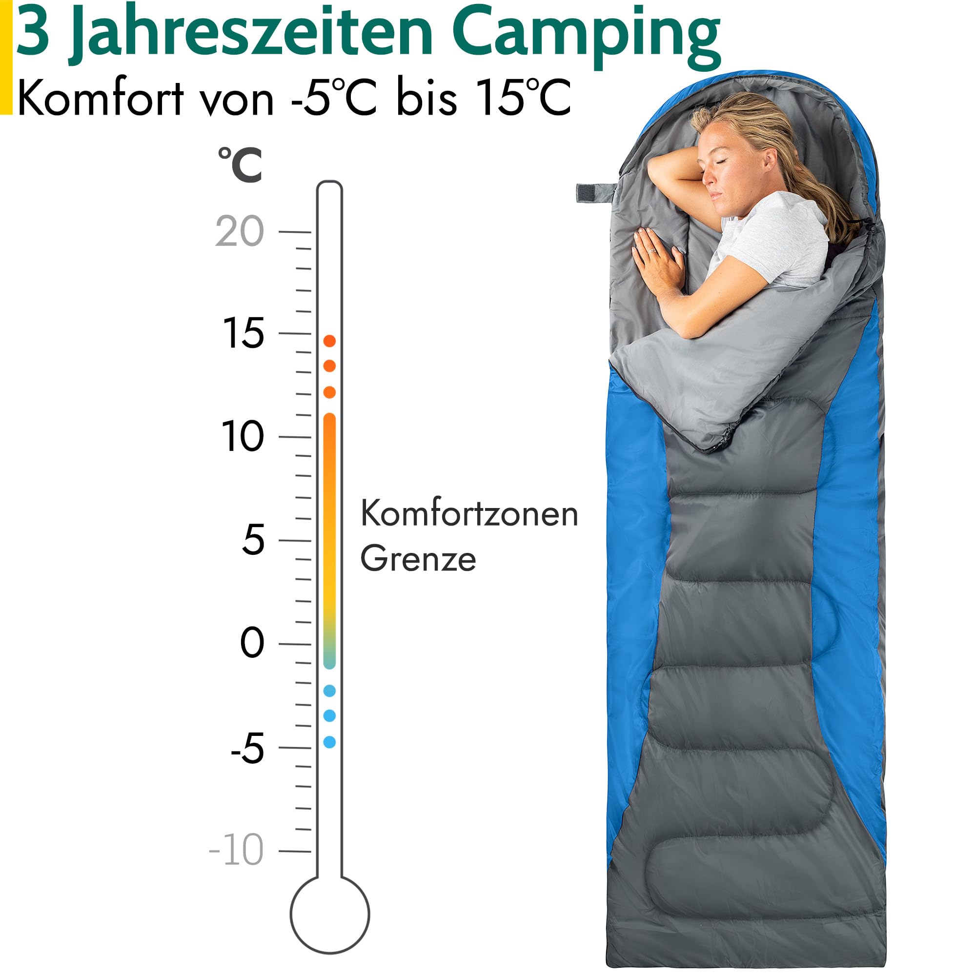Trail-Alpin-Schlafsack mit Kapuze – 250 g Schlafsack, 3-Jahreszeiten- Schlafsack. Leicht, kleines Packmaß – mit Kapuze und Kompressionssack (Rot)