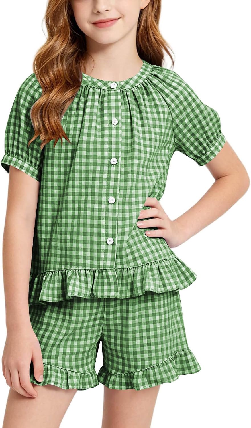 Summer Plaid Two Piece for Girls Short Sleeve Button Down Top Ruffle Trim High Elastic Shorts Casual Clothing Set