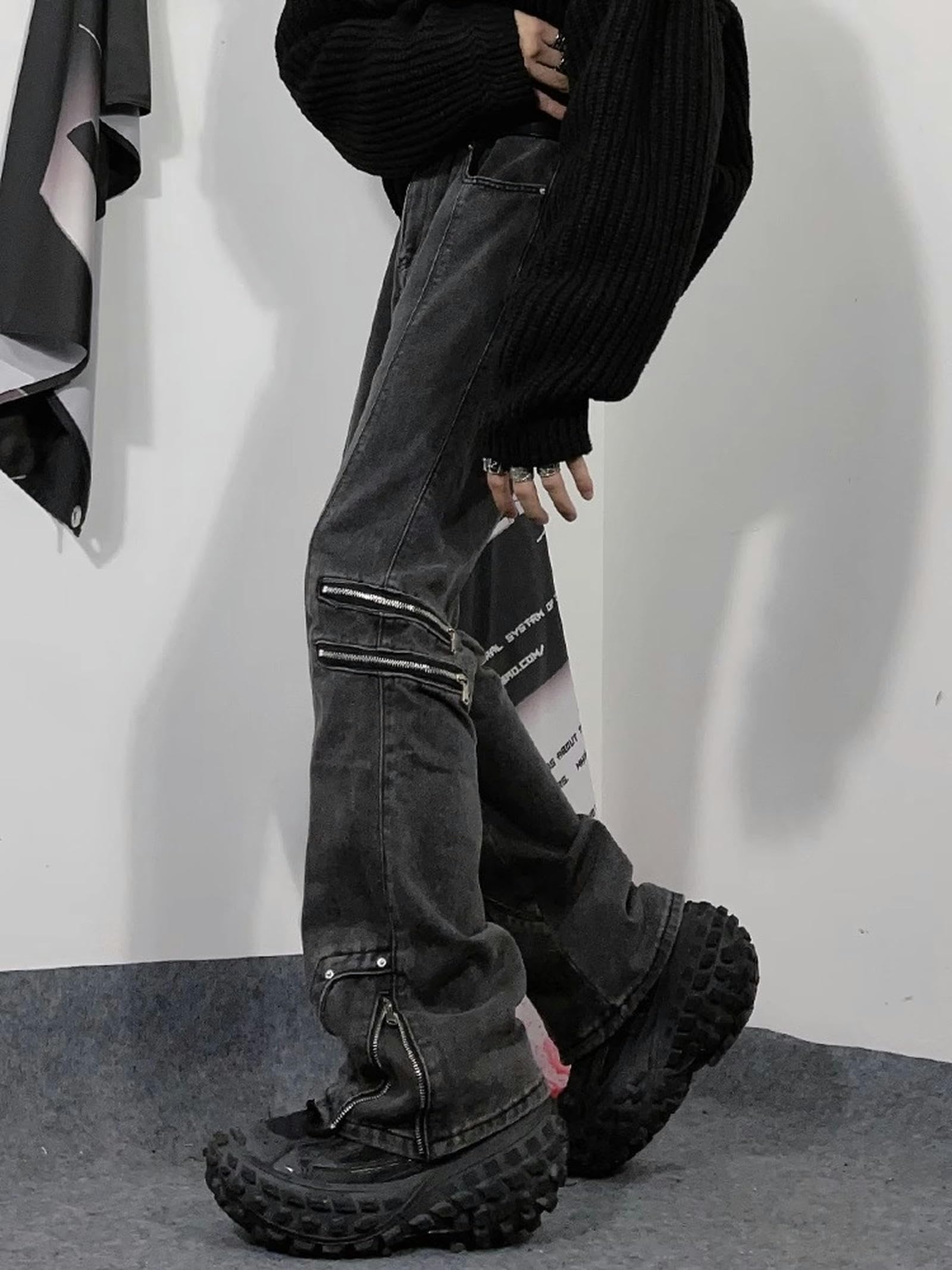 High Street Zipper Jeans Pantaloni Svasati Larghi da Uomo - Nero - L