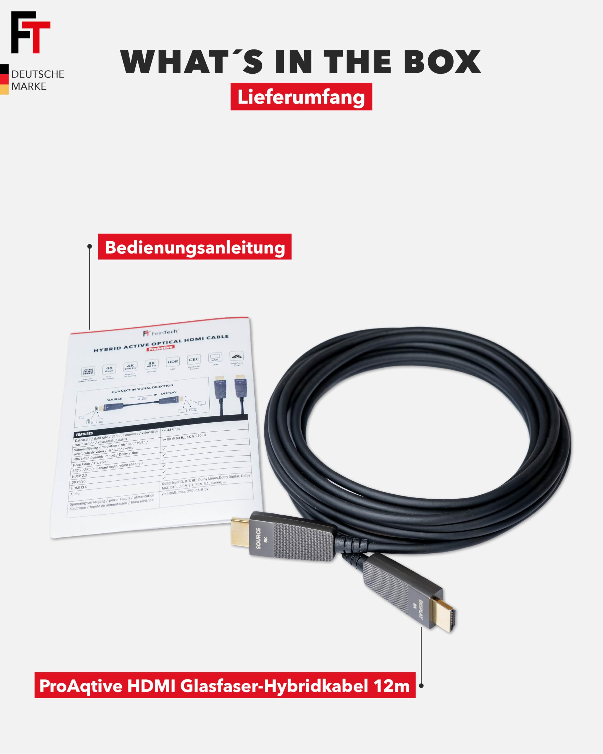 FeinTech ProAqtive HDMI Glasfaserkabel 12m Hybrid-Kabel AOC Fibre 8K 60Hz 4K 240Hz 48Gbps eARC CEC, kompatibel mit TV, PC, Xbox, PS5