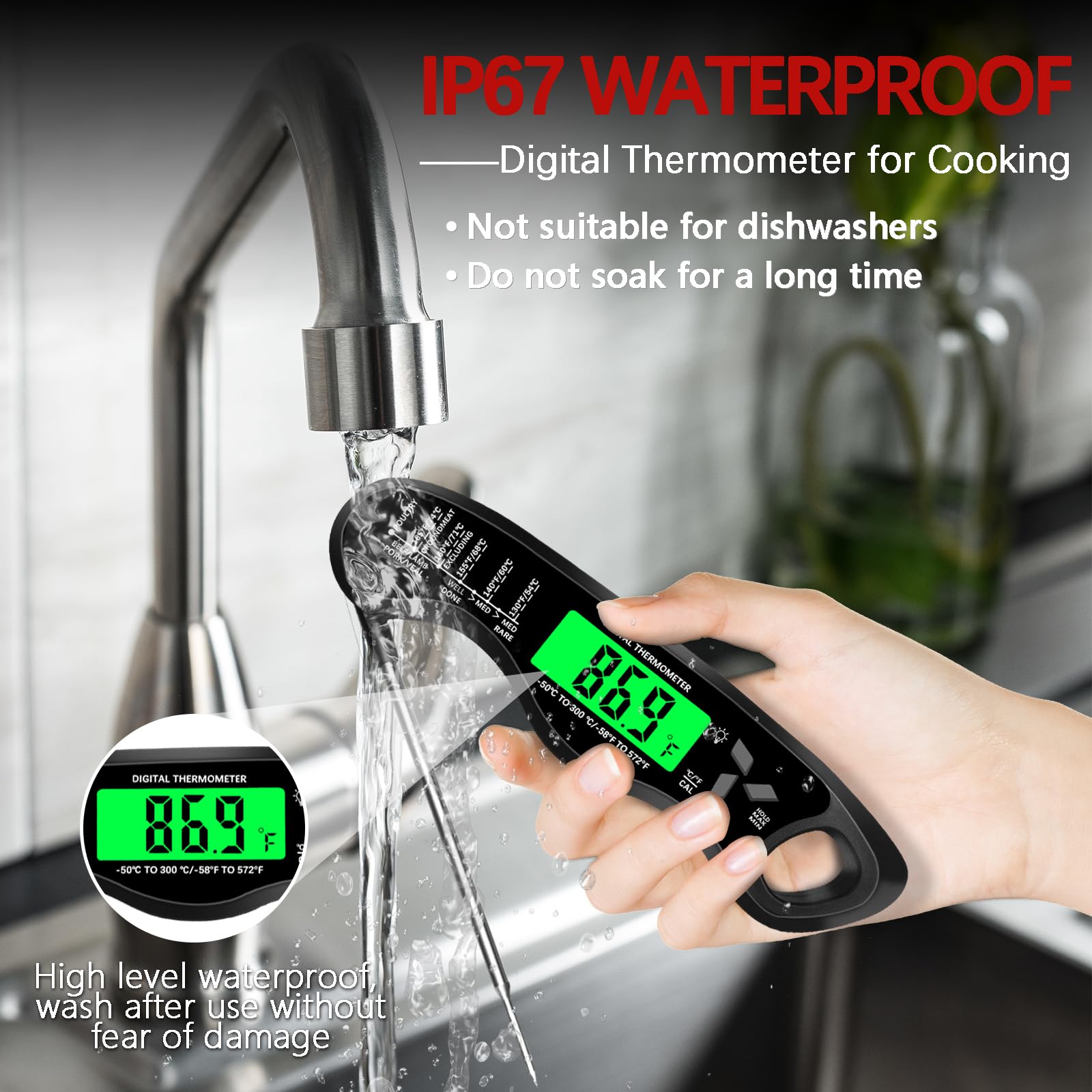 Termometro da cucina, impermeabile IP67, termometro digitale per carne con retroilluminazione, calibrazione e funzione di tenuta, termometro per alimenti, per cucinare, grigliare all'aperto, fare
