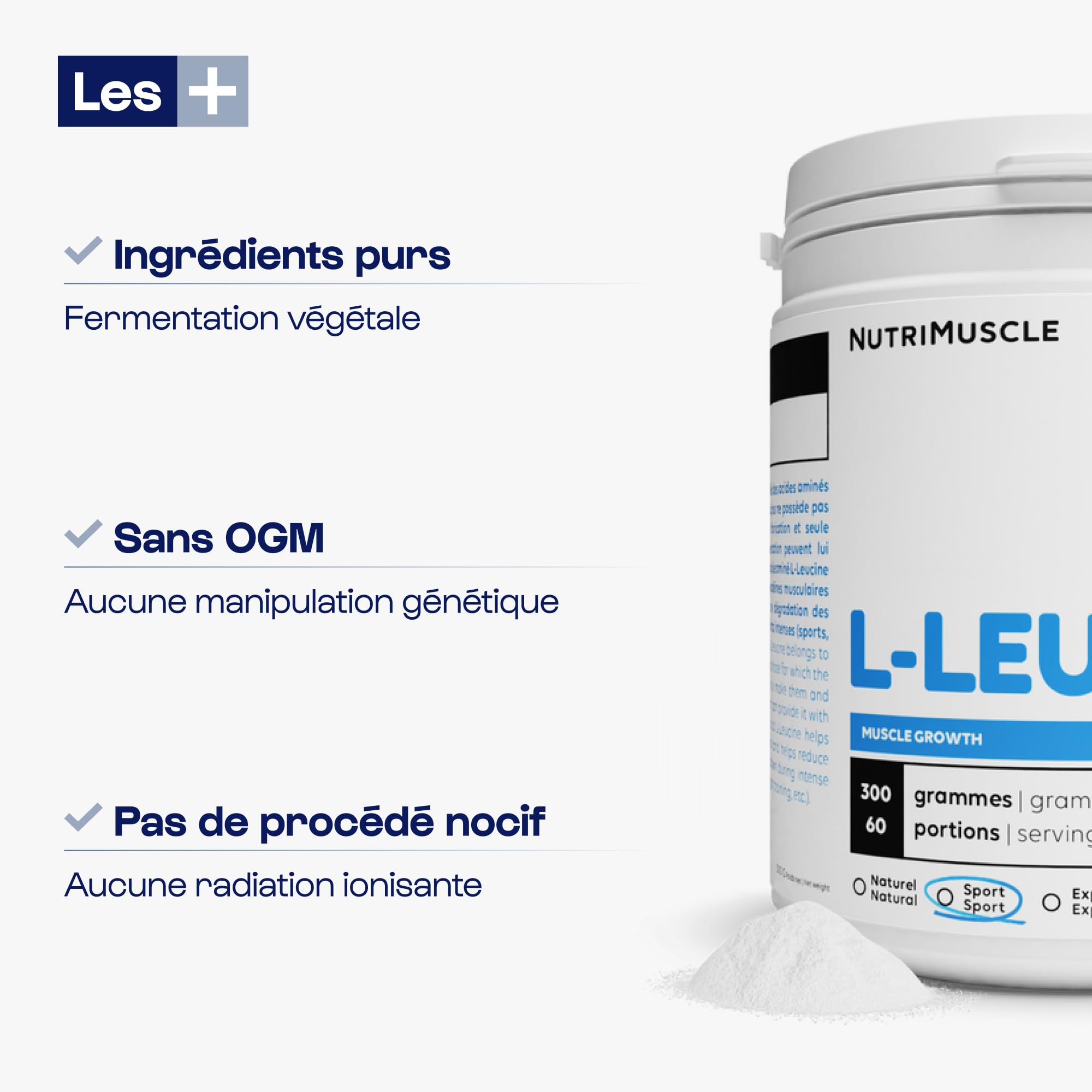 Nutrimuscle - Leucine (L-Leucine) - 300g - Poudre - Effet anabolique fort - Prise de masse - Construction et Récupération Musculaire