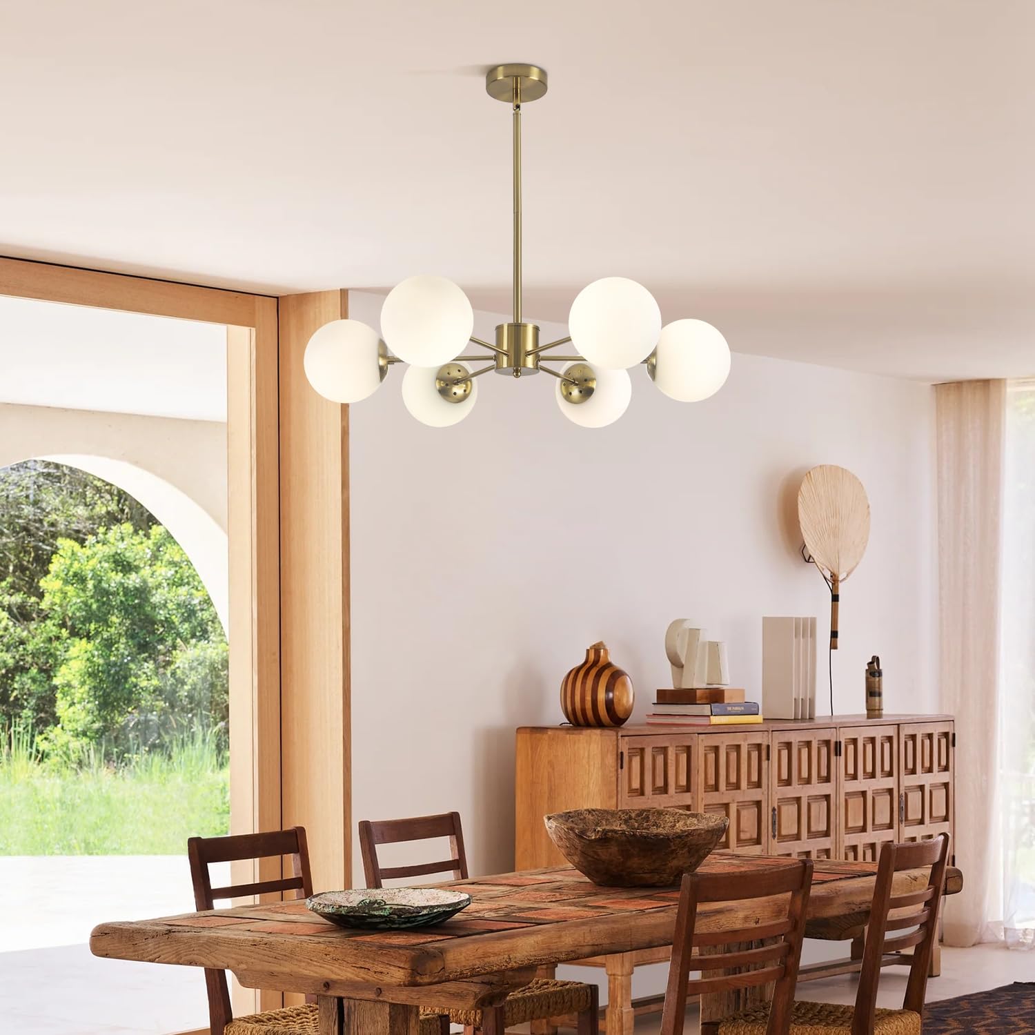 KCO Sputnik Lustre en forme de globe avec abat-jour en verre dépoli moderne en laiton pour cuisine, chambre à coucher (6 lumières)