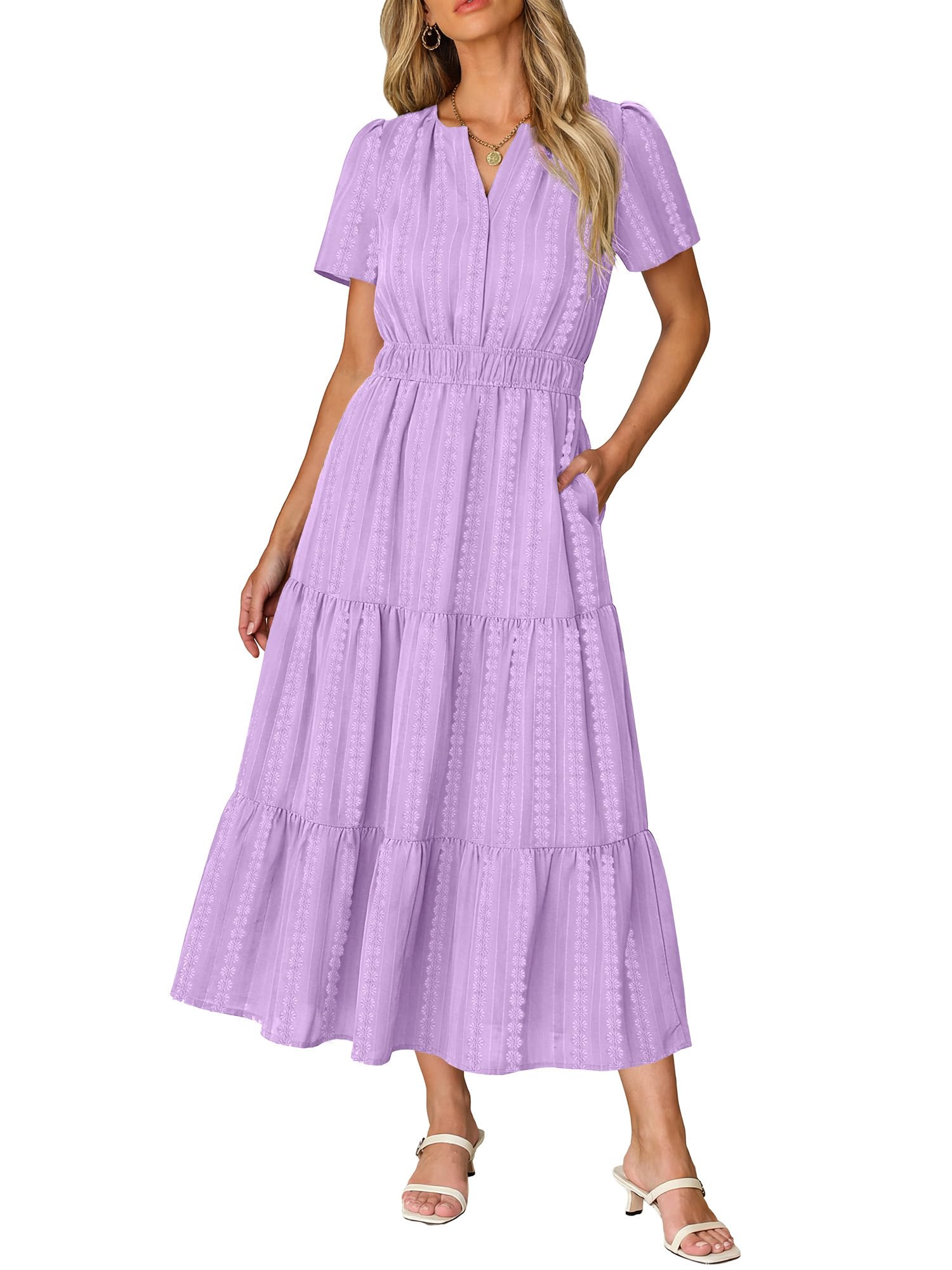 RUMIA Women Casual Midi Maxi Dresses Short Sleeve V Neck Elastic Waist Vacation Dress Pockets（S-2XL — view 7