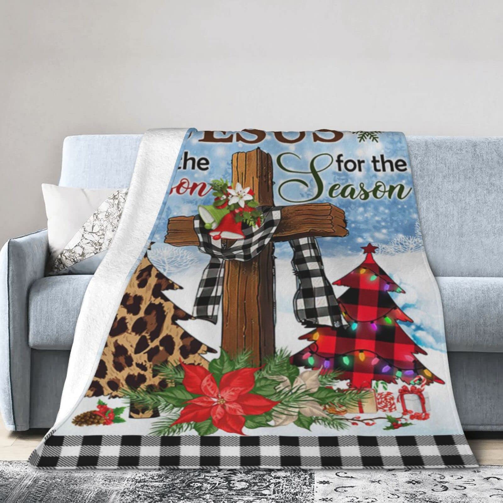 Lsjuee Christmas Flannel Fleece Blanket 40"X30" Jesus is The Reason for The Season Religious Cross Sofa Throw Blanket Funny Ultra-Soft Travel Winter Blankets for Mens Keep Warm