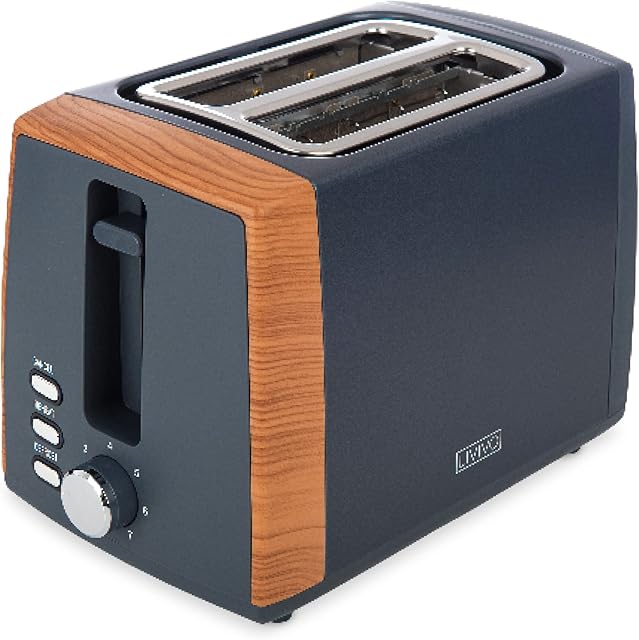 LIVIVO Orian 2 Slice Toaster Matt Finish with Extra Wide Slots - 7 Browning Bread Toast Settings - Reheat Defrost & Cancel Functions Removable Slide On Crumb Tray (Wood)
