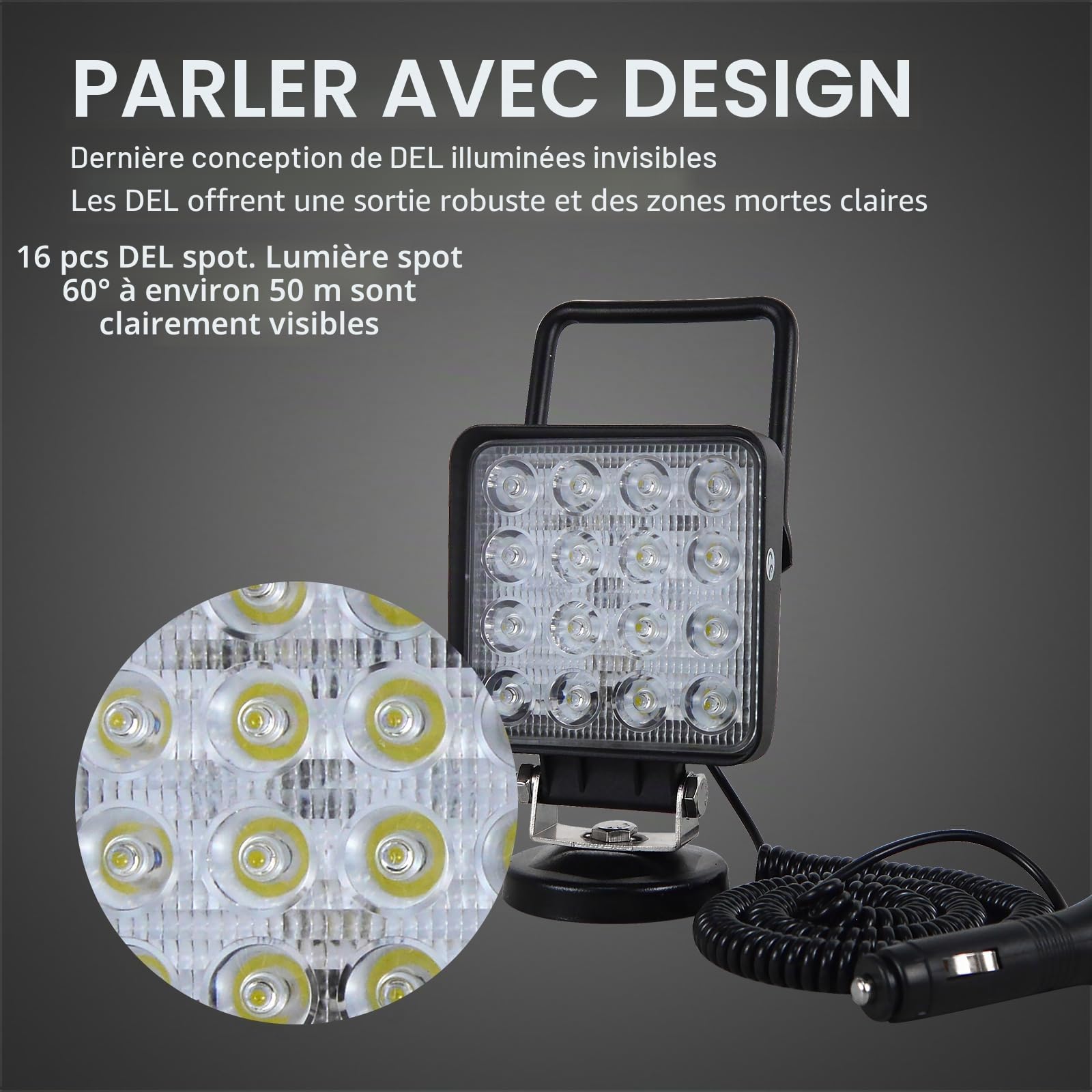 AUXTINGS 10.5 cm 48W Portable LED lumière de travail Offroad Spot Light interrupteur allume-cigare support de base magnétique pour voiture SUV remorque tracteur camion ingénierie maintenance camping