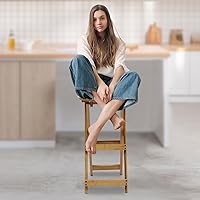 Vista 2 de Taburete de bar de bambú plegable apilado de bambú con respaldo y reposapiés para encimera, sillas de mesa de comedor altas para bar, hogar, cocina