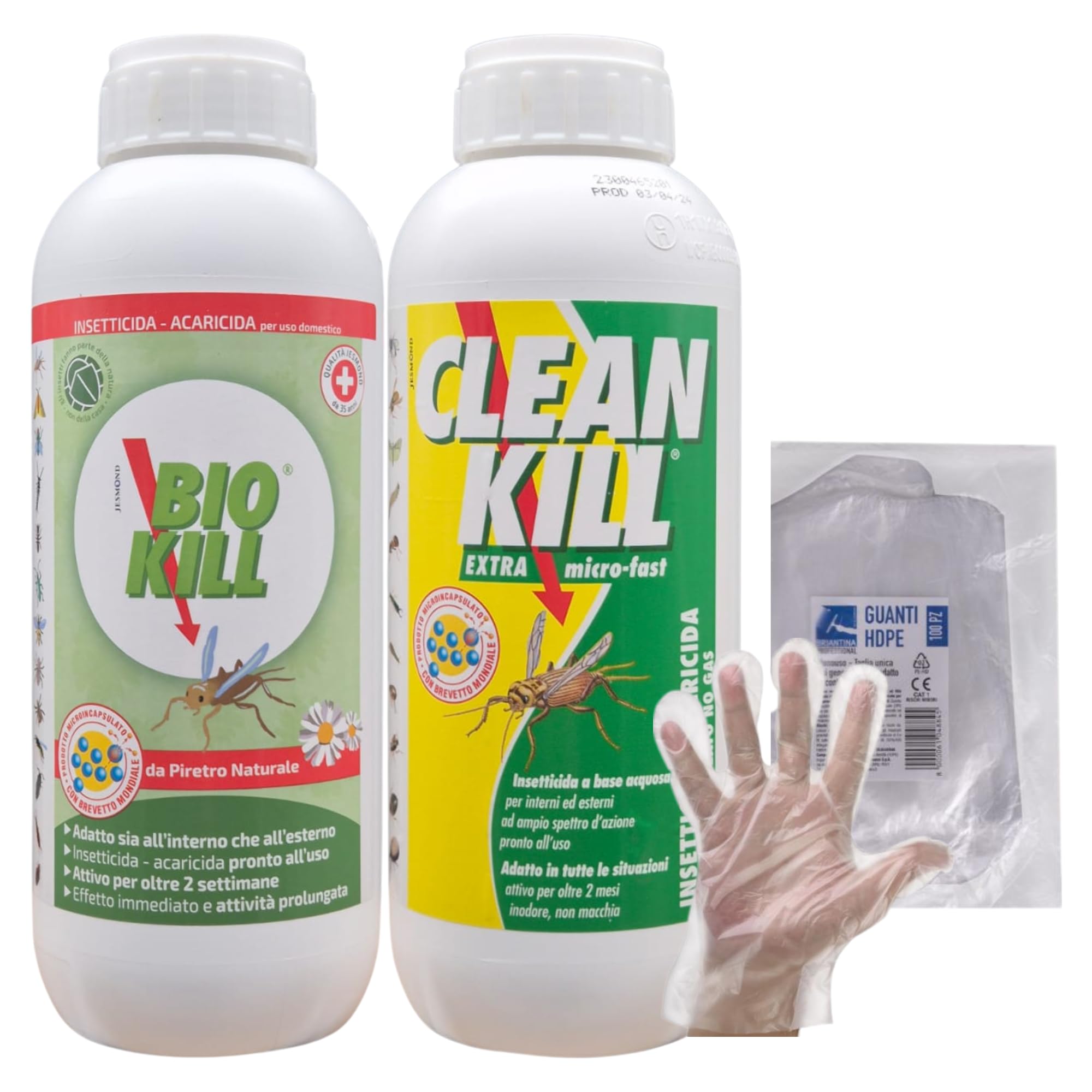 Kit Biokill Insetticida Biologico da Piretro Naturale 1x Flacone Ricarica da 1LT+ Clean Kill Insetticida Ecologico Extra Micro Fast 1x Flacone Ricarica da 1LT + OMAGGIO 100pz Guanti HDPE Monouso