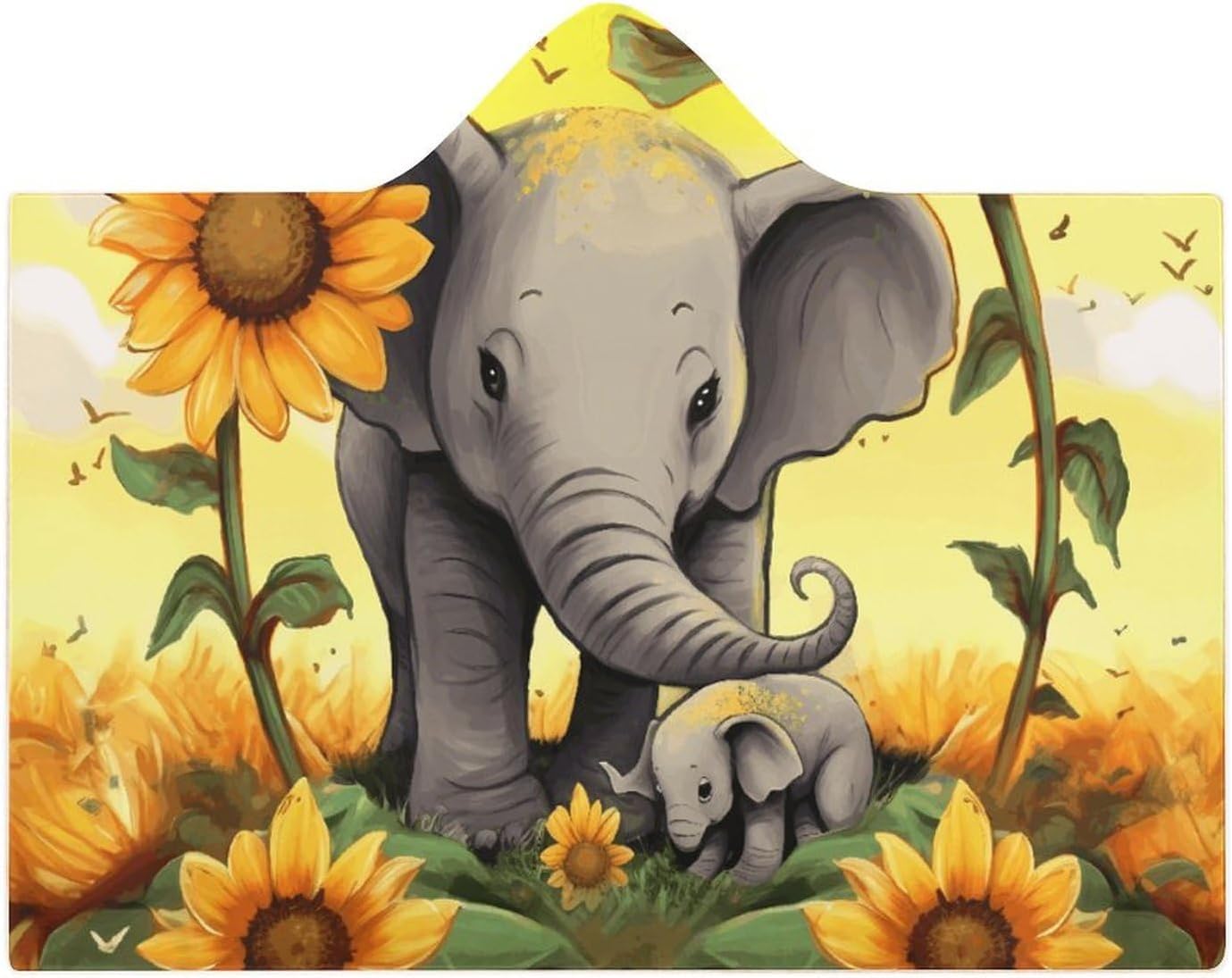 Mother Elephant Sunflowers Wearable Hooded Blanket, Ultra Soft Arctic Velvet Cape Cloak Unisex - Cozy Wearable Blanket