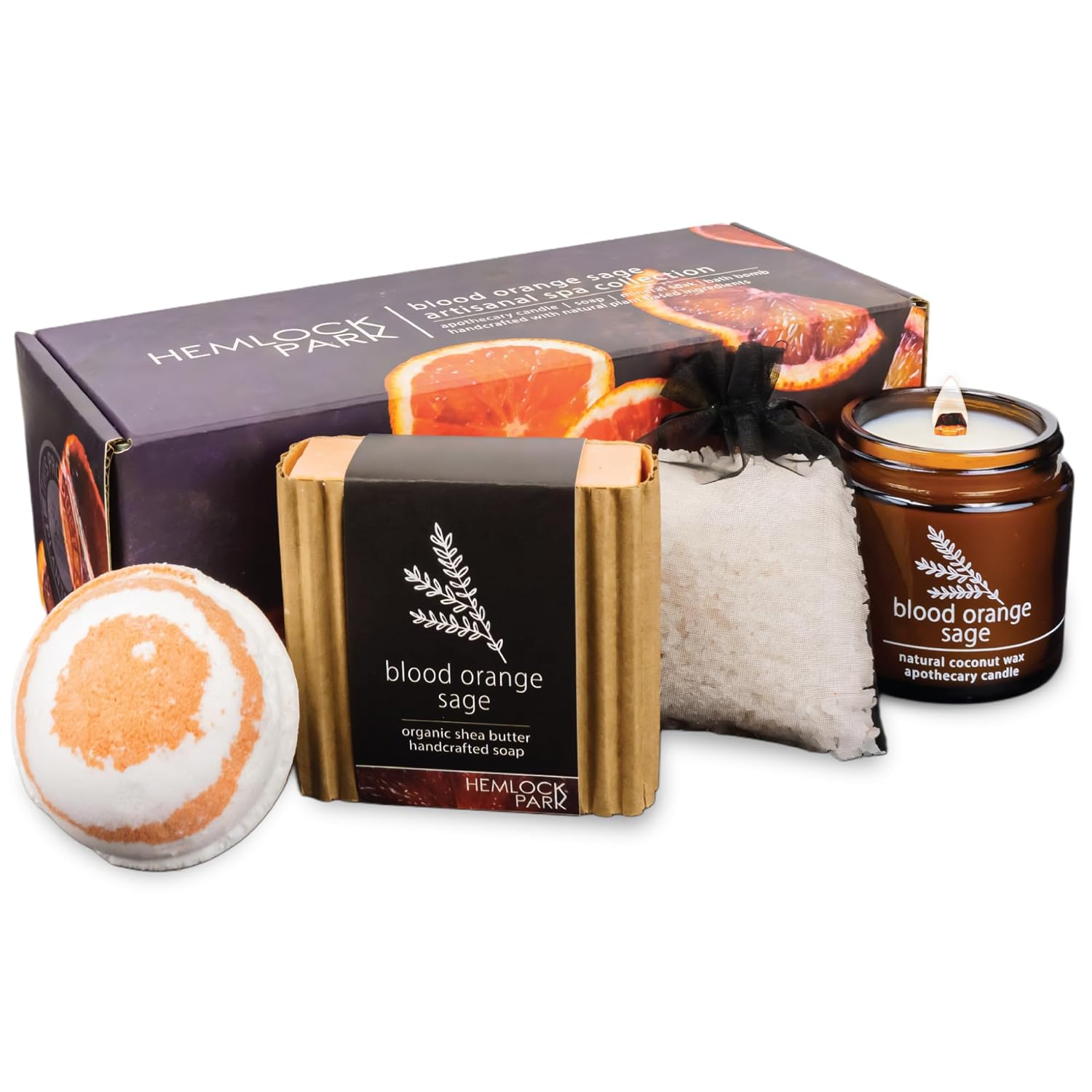 Hemlock Park Blood Orange Sage Artisanal Spa Gift Box | Apothecary Candle, Shea Butter Soap, Bath Bomb, Mineral Salt Bath Soak | Handcrafted with Plant Based Ingredients