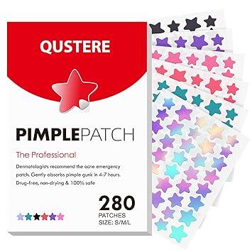 QUSTERE Pimple Patches for Face, Hydrocolloid Acne Patches, Cute Star Zit Covers for Face, Colorful Spot Stickers with Tea Tree, Salicylic Acid & Cica Oil| 3 Sizes 10mm, 12mm & 14mm |280 Count