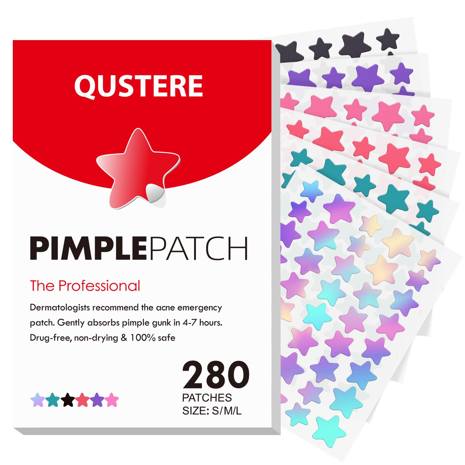 Pimple Patches for Face, Hydrocolloid Acne Patches, Cute Star Zit Covers for Face, Colorful Spot Stickers with Tea Tree, Salicylic Acid & Cica Oil| 3 Sizes (10mm, 12mm & 14mm) |280 Count 280 Count (Pack of 1)