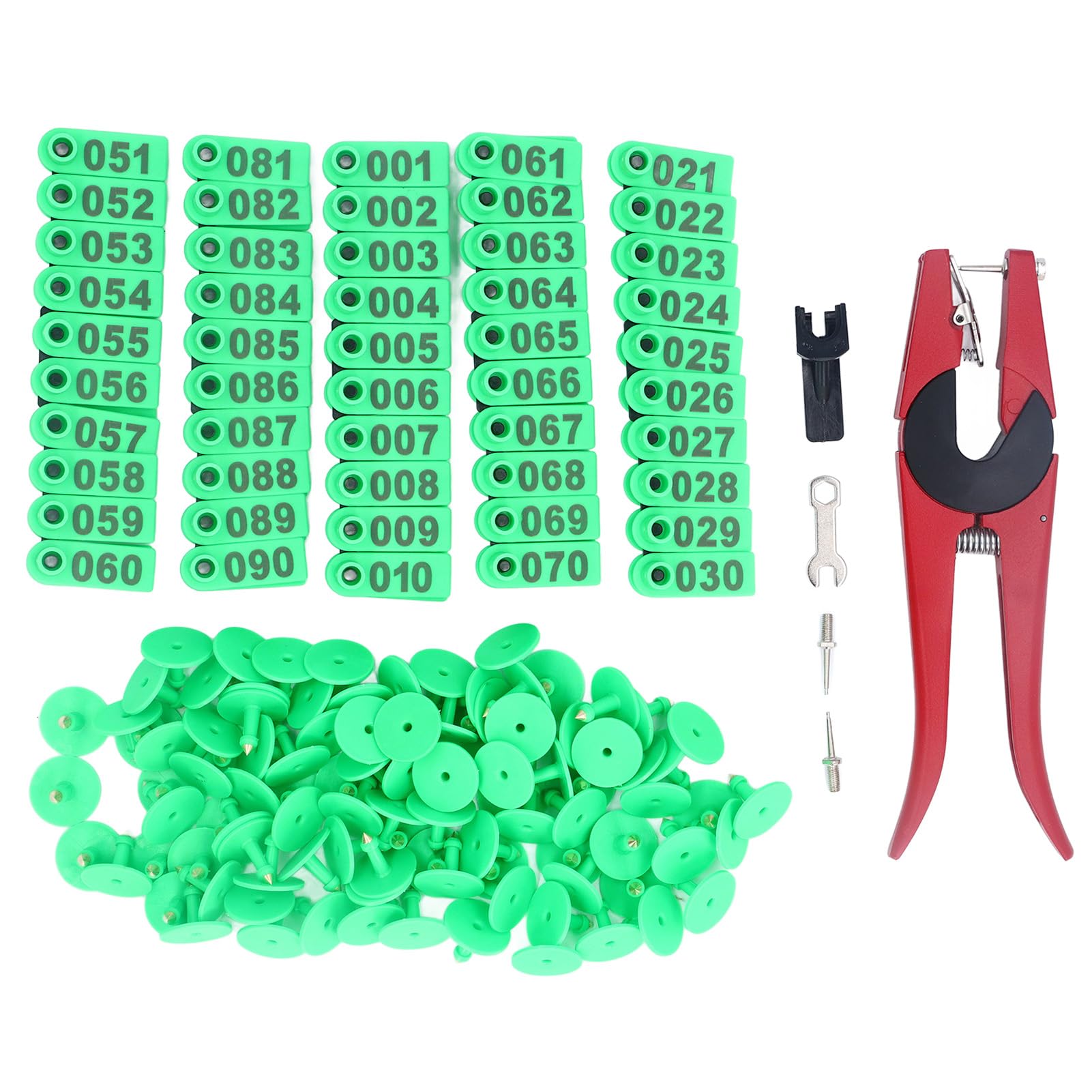 100 livestock ear tags set, made of TPU and aluminum alloy suitable for cattle sheep pigs horses farms ranches and slaughterhouses (Green Ear Tag with Red Pliers with 2 Ear Tag)